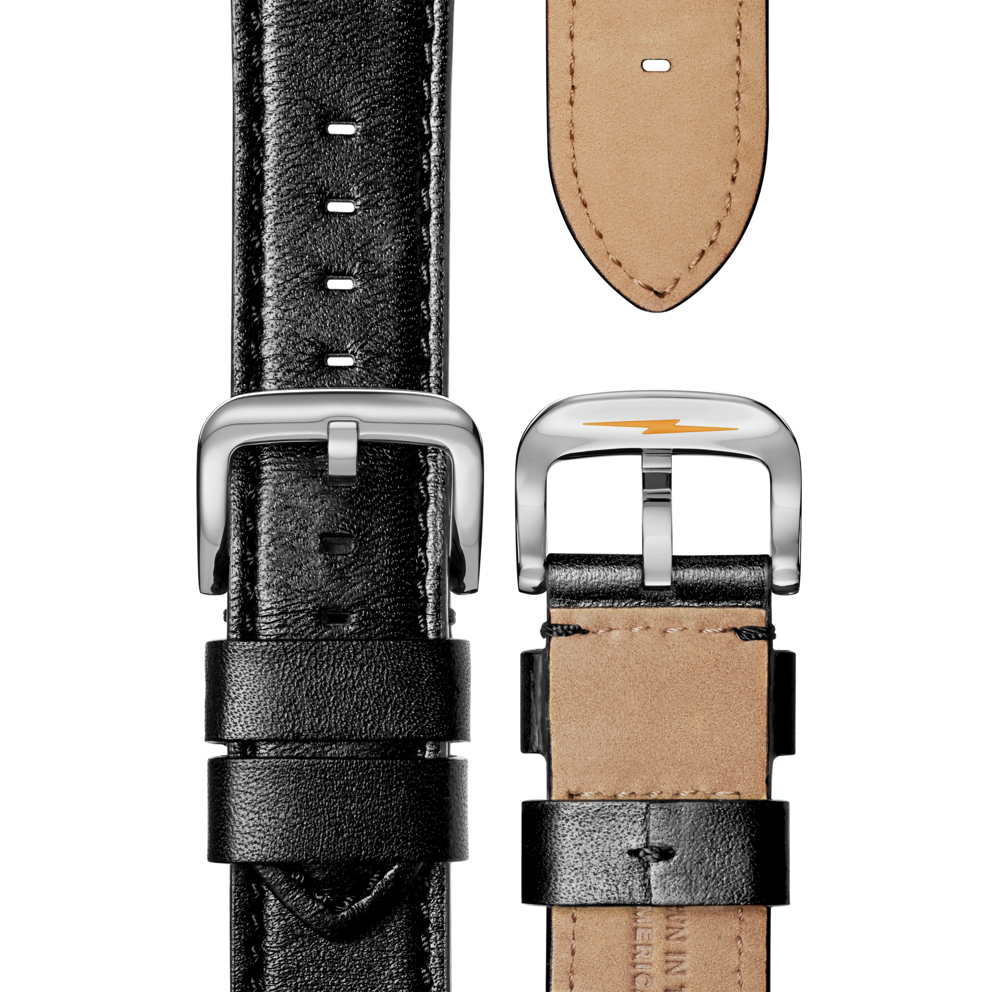 Close-up of the Shinola 24mm Black Leather Watch Strap (24\22), showing both black front and tan stitched back sides. The silver buckle features a small orange logo.