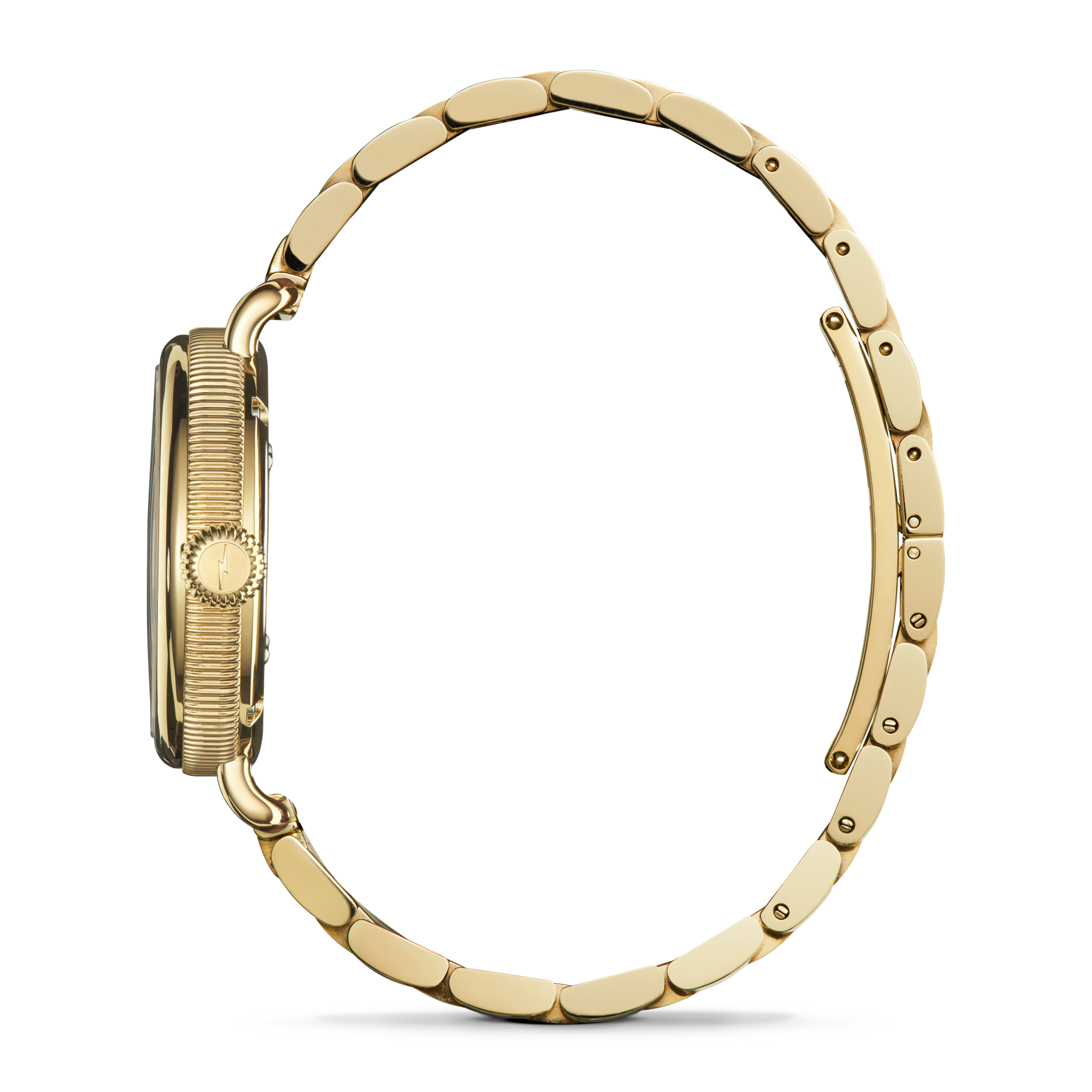 A side view of the Shinola Birdy Watch - Lapis features a gold metal link band and textured crown, highlighting its slim profile and polished finish against a plain white background.