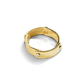 The Diamond Rivet Plaque Ring by Shinola features 14K yellow gold with three round, diamond-set rivet accents. The inner band is stamped SHINOLA 14K and the ring is displayed on a white background.