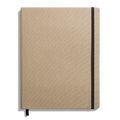 The Shinola Large Soft Ruled Journal in Oat features a textured tan linen cover, black elastic closure, ribbon bookmark, and acid-free pages. The closed journal is shown on a white background.