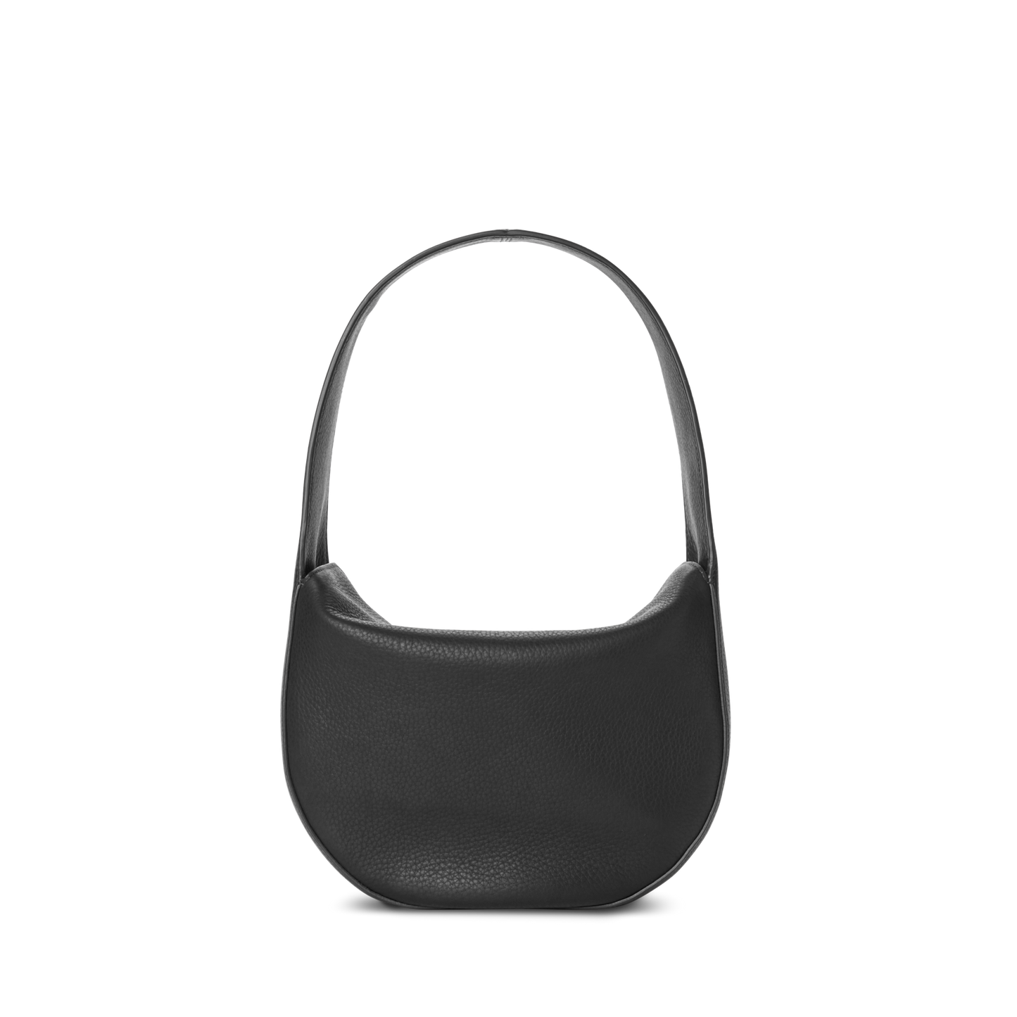 The Shinola Small Shoulder Bag - Black is a minimalist piece crafted from natural grain leather, featuring a curved crescent shape and single strap, shown on a plain white background.
