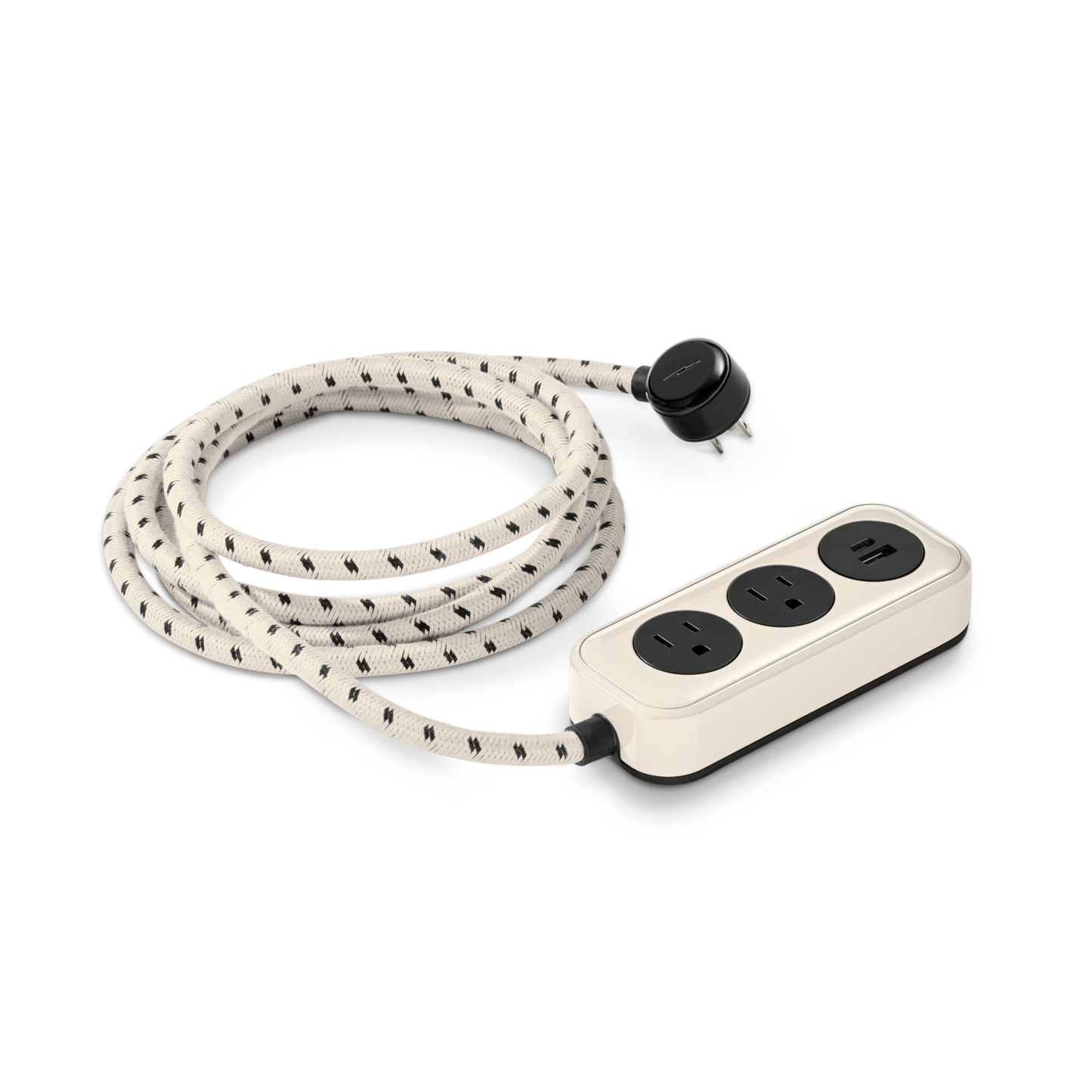 The Shinola 2 Port Power Supply - Cream features two black outlets, a quick-charge USB-A & USB-C port, a long braided extension cord, and a matching black plug.