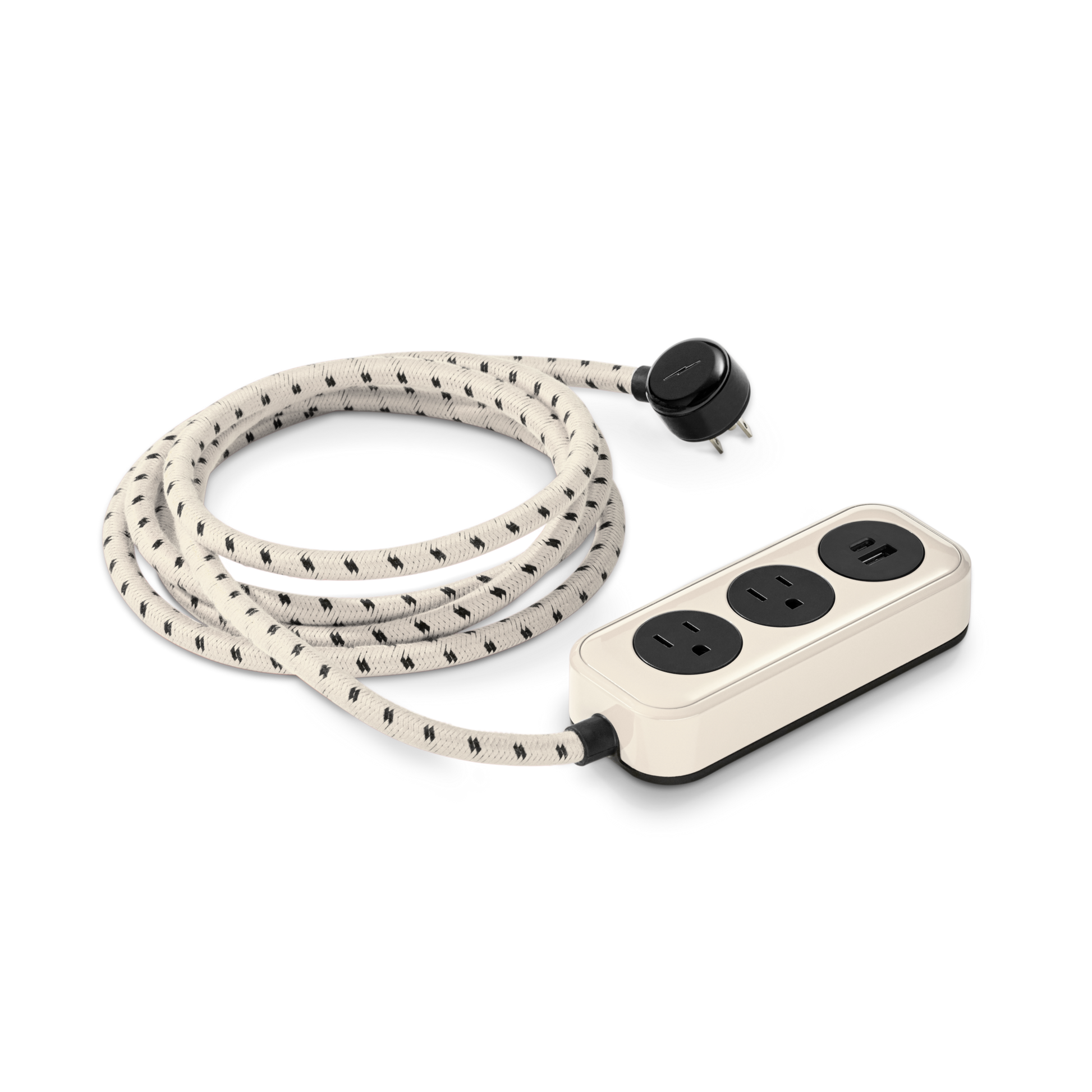 The Shinola 2 Port Power Supply - Cream features two black outlets, a quick-charge USB-A & USB-C port, a long braided extension cord, and a matching black plug.