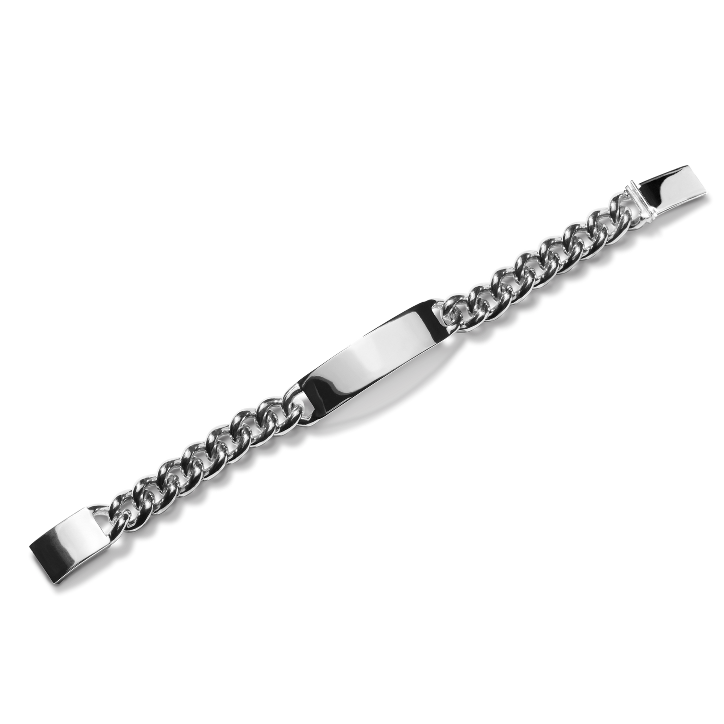 The Shinola Bike Lock ID Bracelet in sterling silver features a polished, engravable center plate for personalization, shown against a white background.