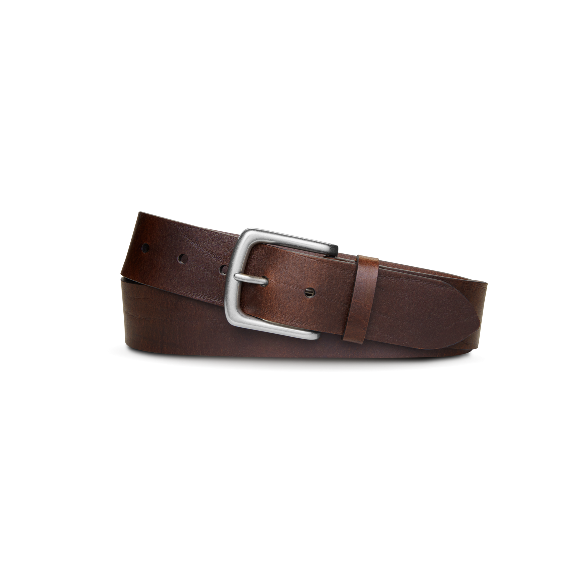 The Shinola 1 1/2" Essential Belt in dark brown natural leather features a silver rectangular buckle and is shown coiled on a plain white background.