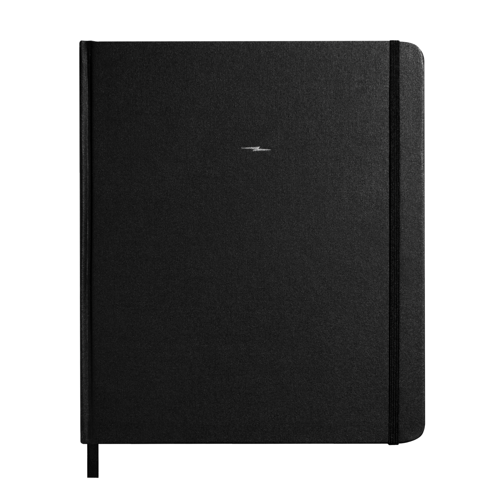 The Shinola Large Hard Plain Sketchbook in black features a closed hard linen cover with rounded corners, right-side elastic band, ribbon bookmark, and a small silver logo centered on the cover, set against a light gray background.