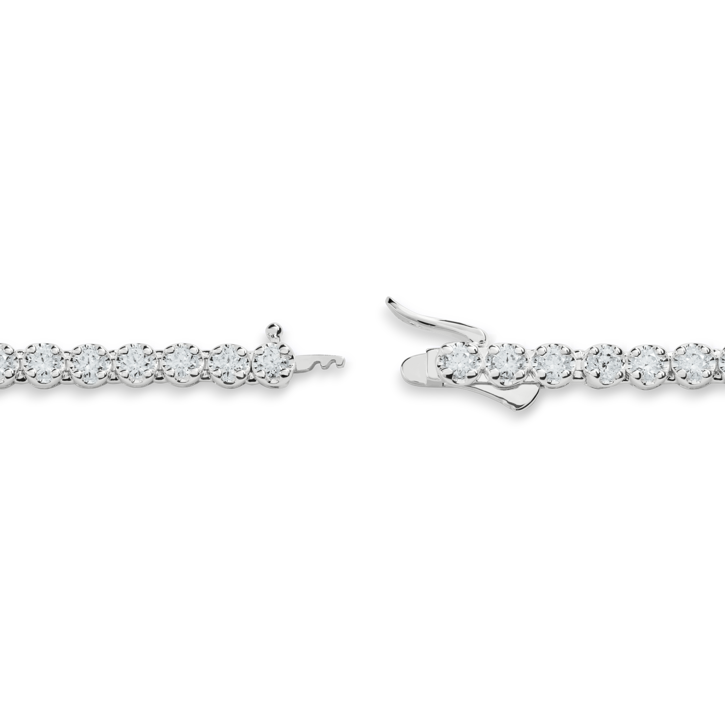 A close-up of the Shinola 7 Carat Diamond Tennis Necklace in white gold, shown open to reveal a row of round, sparkling diamonds set elegantly in line.