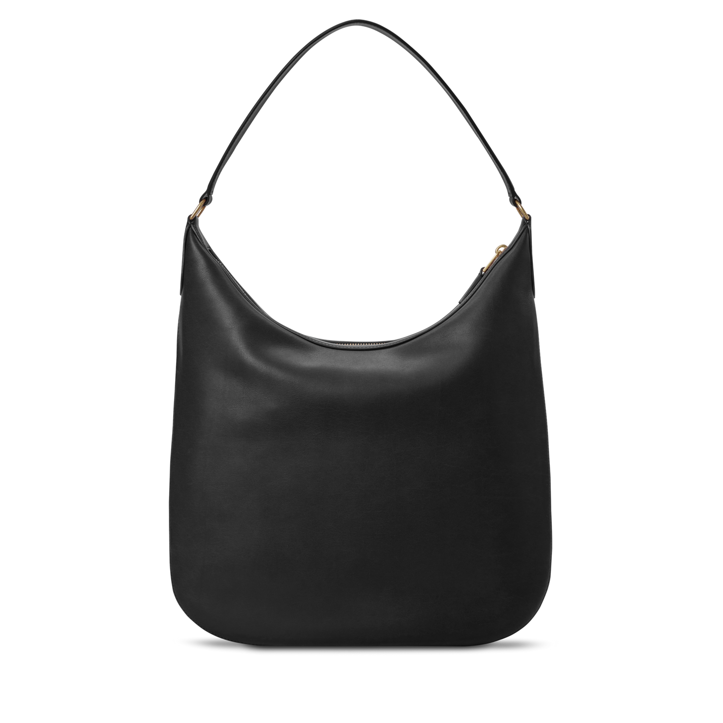 The Shinola Bixby Shoulder Bag - Black is made from natural leather, featuring a hobo silhouette, single strap, gold-tone hardware, and accordion construction, shown on a plain white background.