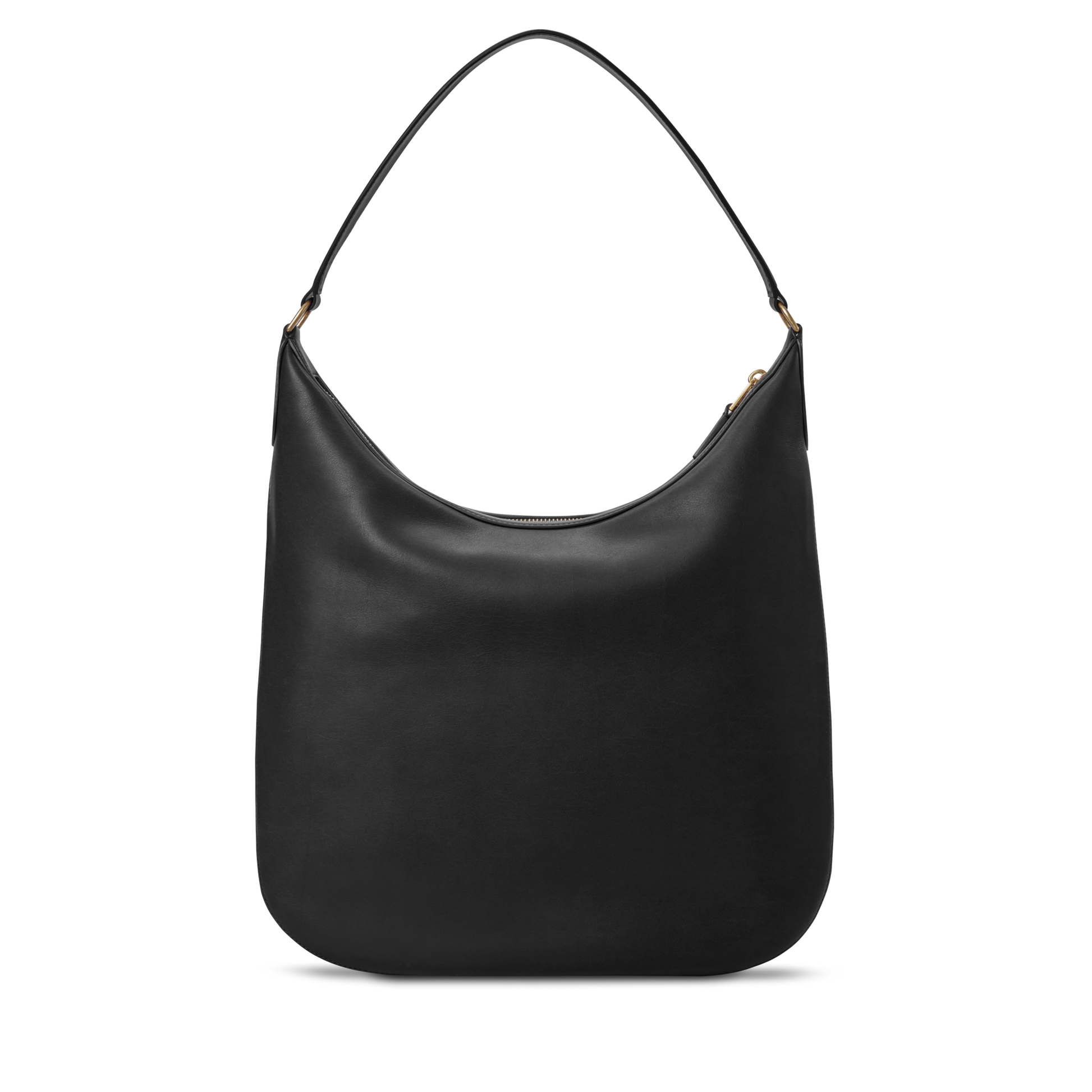 The Shinola Bixby Shoulder Bag - Black is made from natural leather, featuring a hobo silhouette, single strap, gold-tone hardware, and accordion construction, shown on a plain white background.