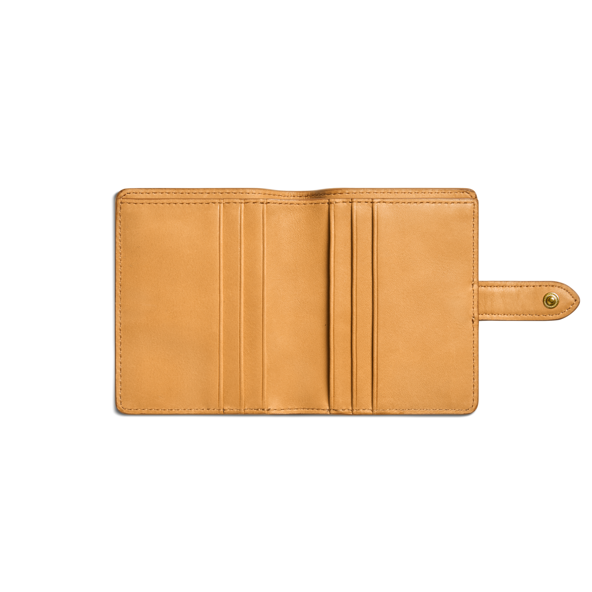 The Shinola Small Snap Wallet - Honey is open, showing multiple card slots on both sides and a snap-button closure. The compact natural leather interior is empty and features neat stitching throughout.