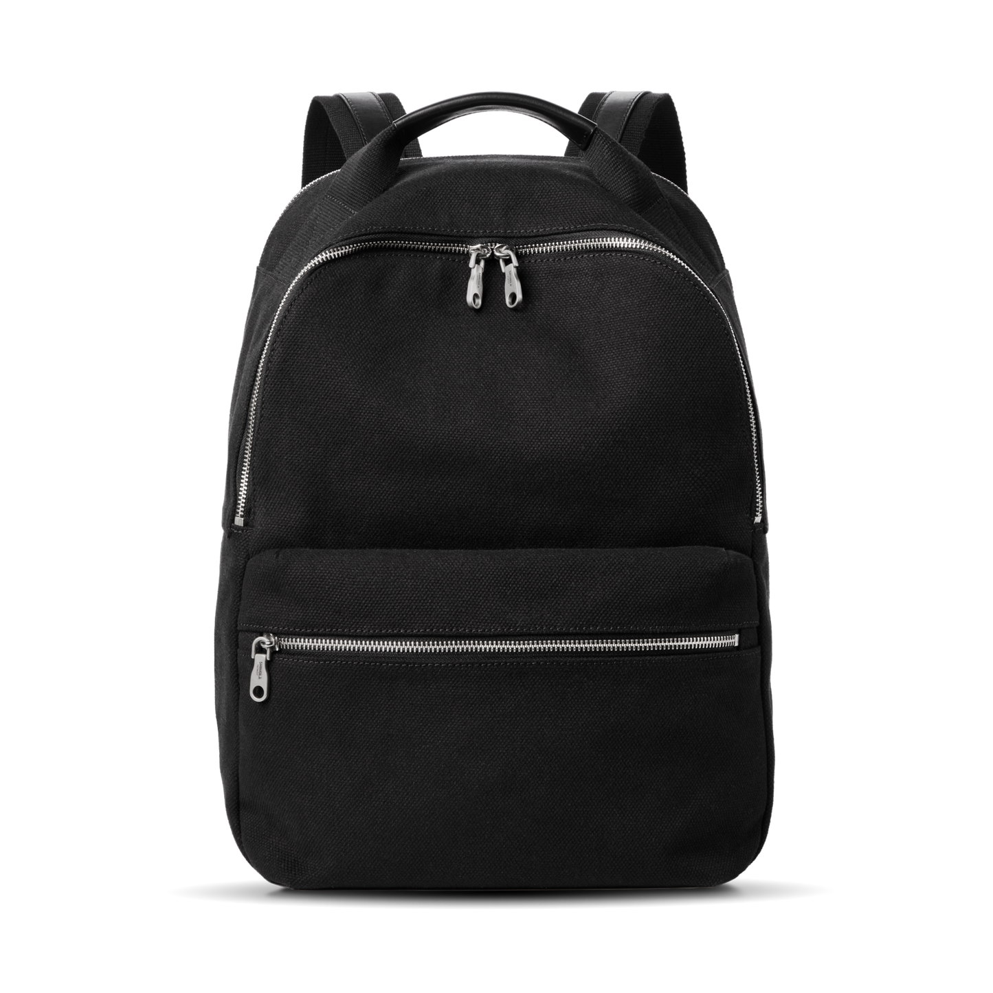 The Shinola Runwell Canvas Backpack in black features two front zippered compartments, adjustable shoulder straps, and a top handle for durability and everyday use, displayed against a plain white background.