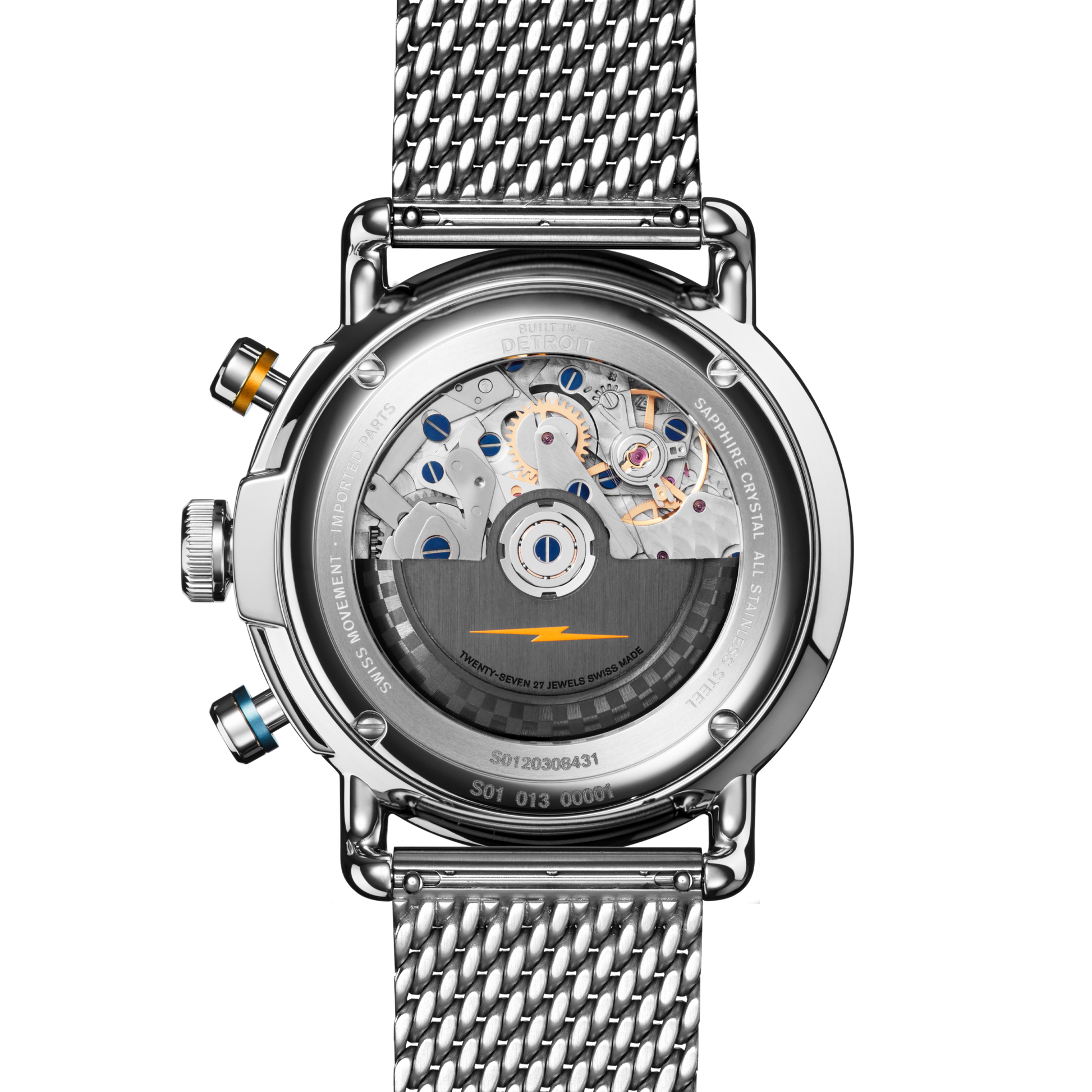 The image shows the back of the Shinola Canfield Speedway Open Road Automatic Chronograph Watch - Blue, featuring a mesh metal strap and displaying its intricate Swiss-made movement with visible gears and accents through a transparent case back.