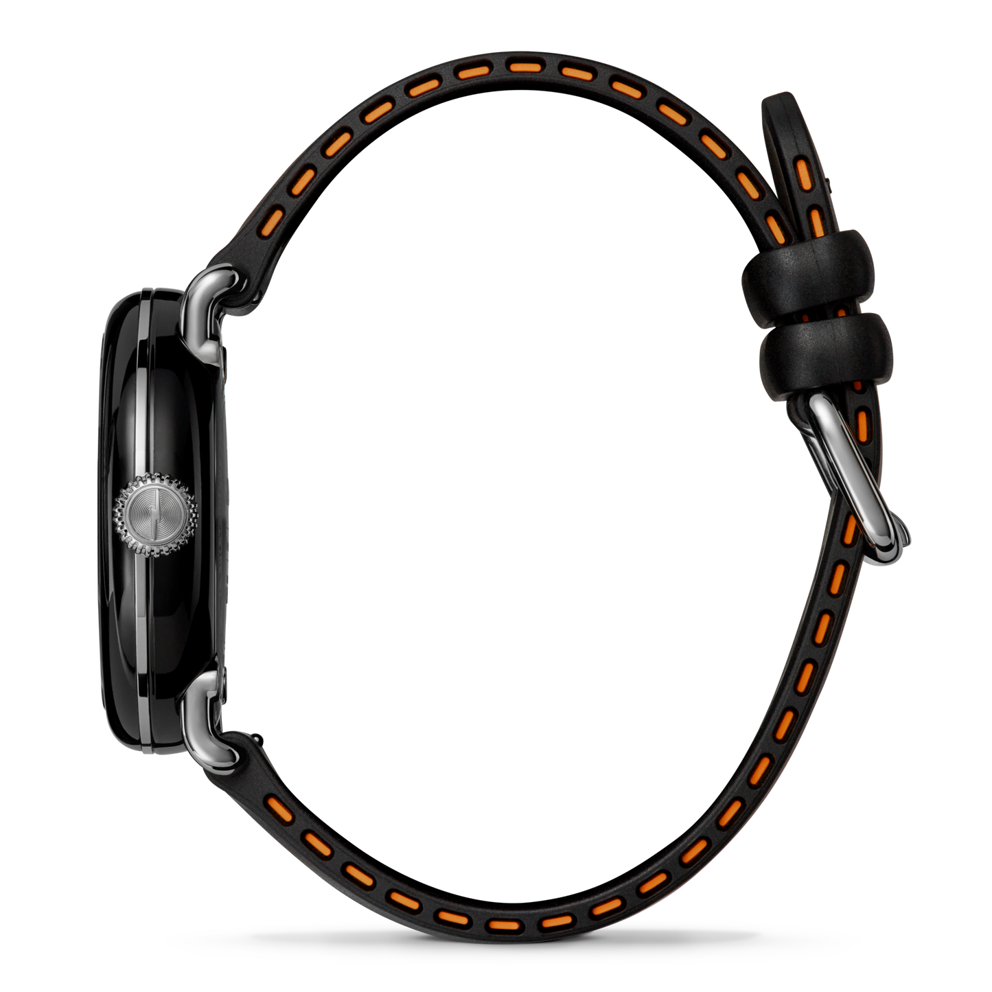 Side view of the Shinola Detrola Watch - Black, featuring a durable black case and band with orange accents, silver buckle, and side crown. This classic American design keeps the watch face hidden from view.
