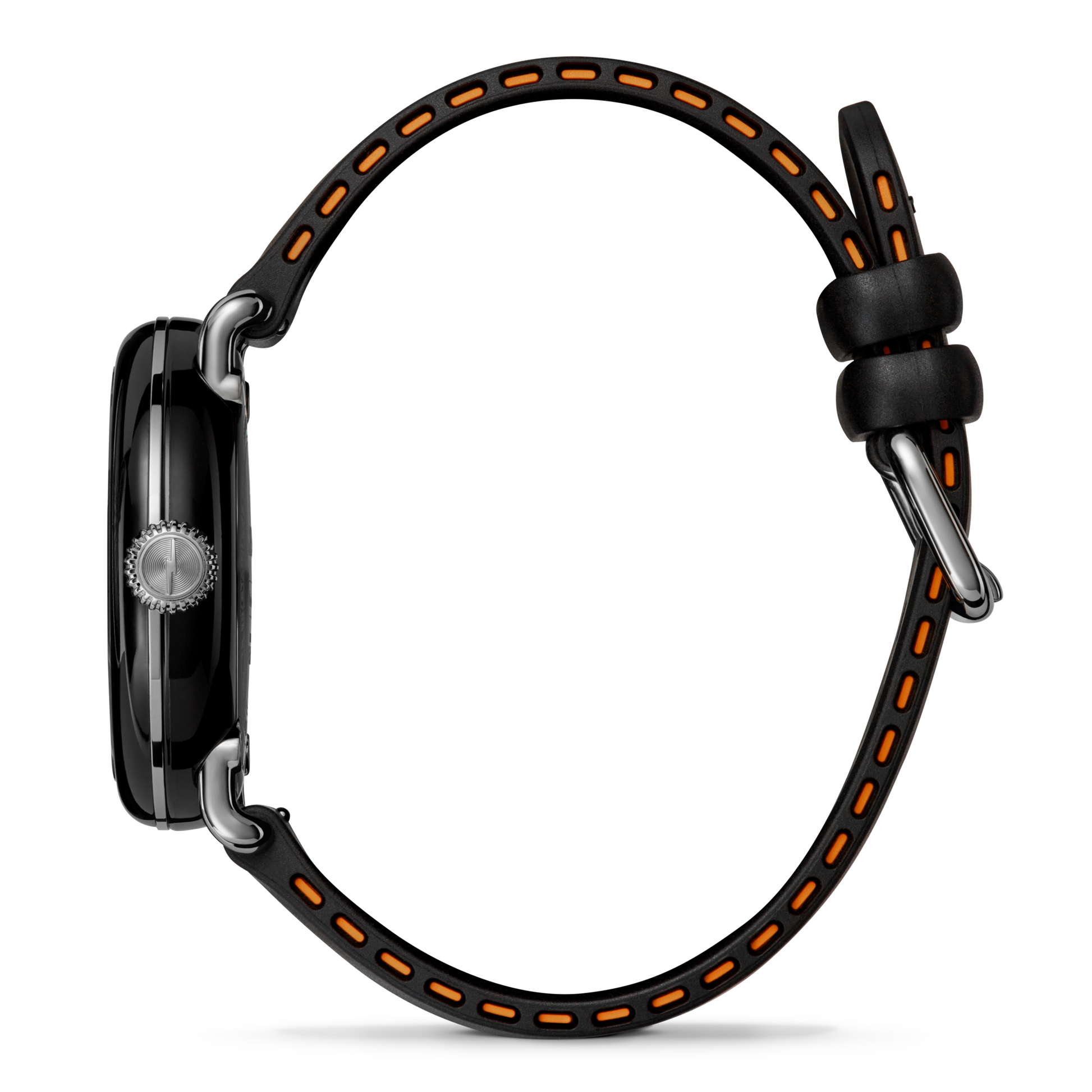 Side view of the Shinola Detrola Watch - Black, featuring a durable black case and band with orange accents, silver buckle, and side crown. This classic American design keeps the watch face hidden from view.
