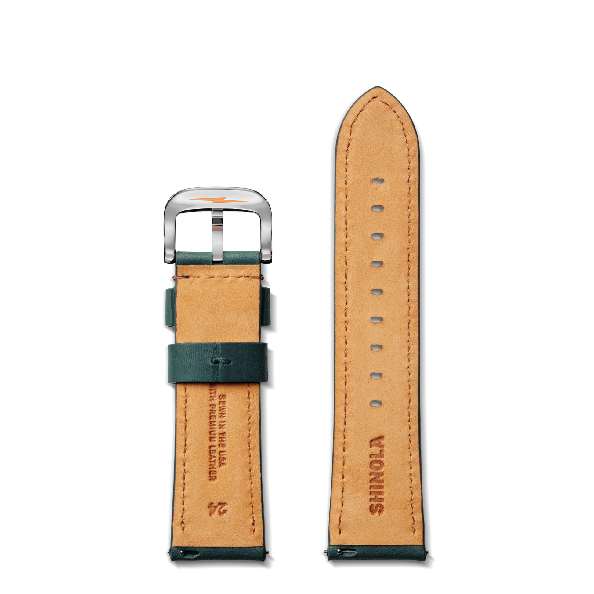 The Shinola 24mm Evergreen Leather Watch Strap in green features a silver buckle, multiple adjustment holes, and 'Shinola' with 'Genuine Leather' stamps. Designed for the 47mm Runwell, it’s shown front and back.