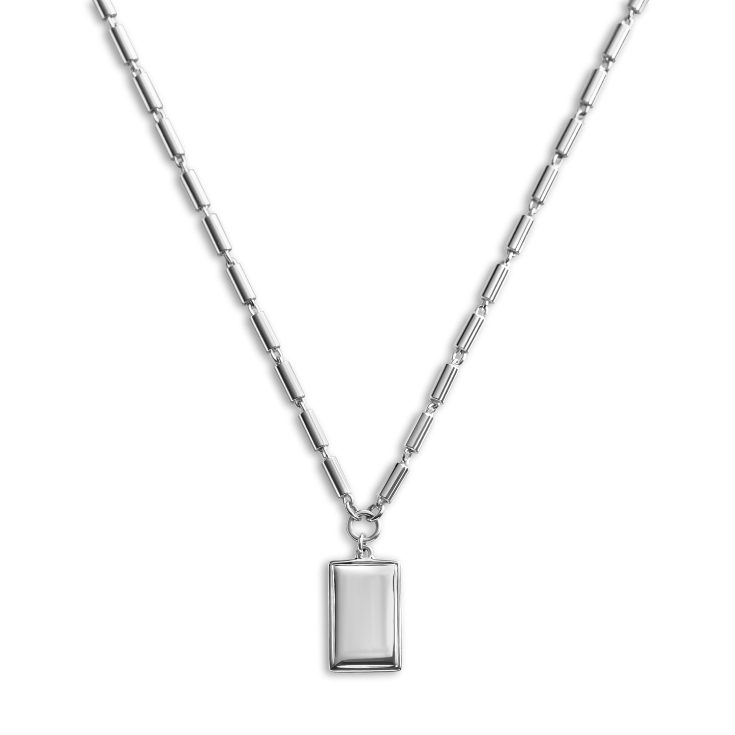 The Shinola Petite Rectangular Tag Necklace features a sterling silver rectangular pendant on an evenly linked chain, shown against a white background.
