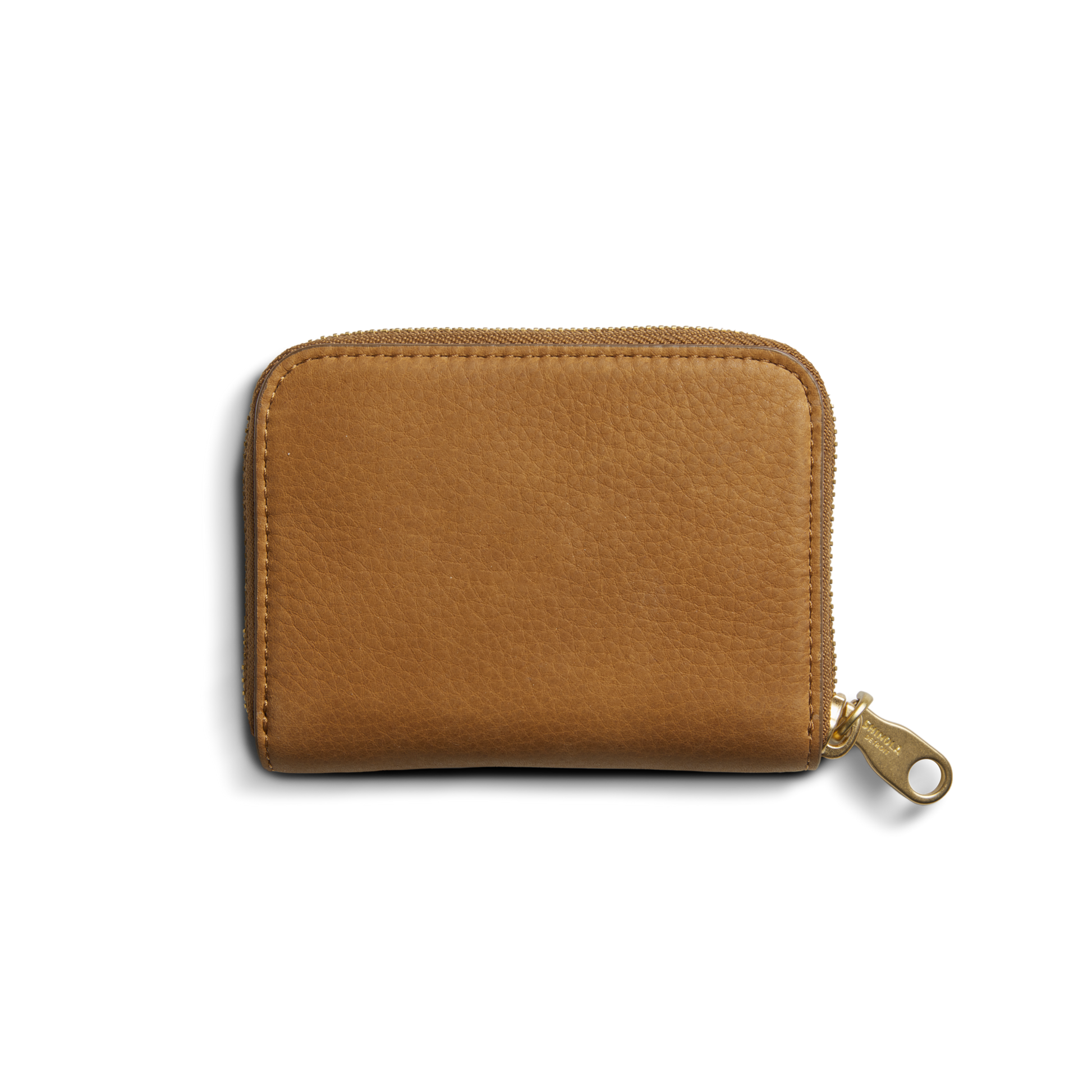 The Shinola Pocket Small Zip Around Wallet - Tan is a rectangular natural leather wallet with a gold zip closure, shown against a plain white background.