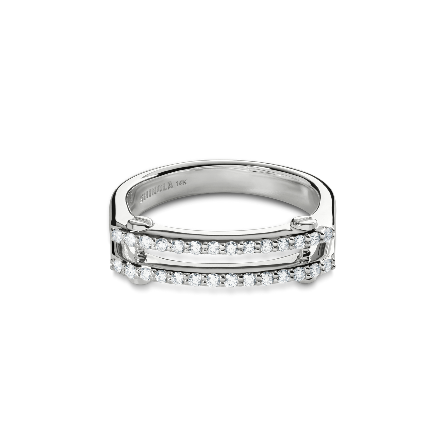 The Shinola Diamond Pave Rivet Double Row Ring in white gold showcases two parallel lines of dazzling pave-set diamonds for a modern look, with SHINOLA 14K engraved on the inner band.