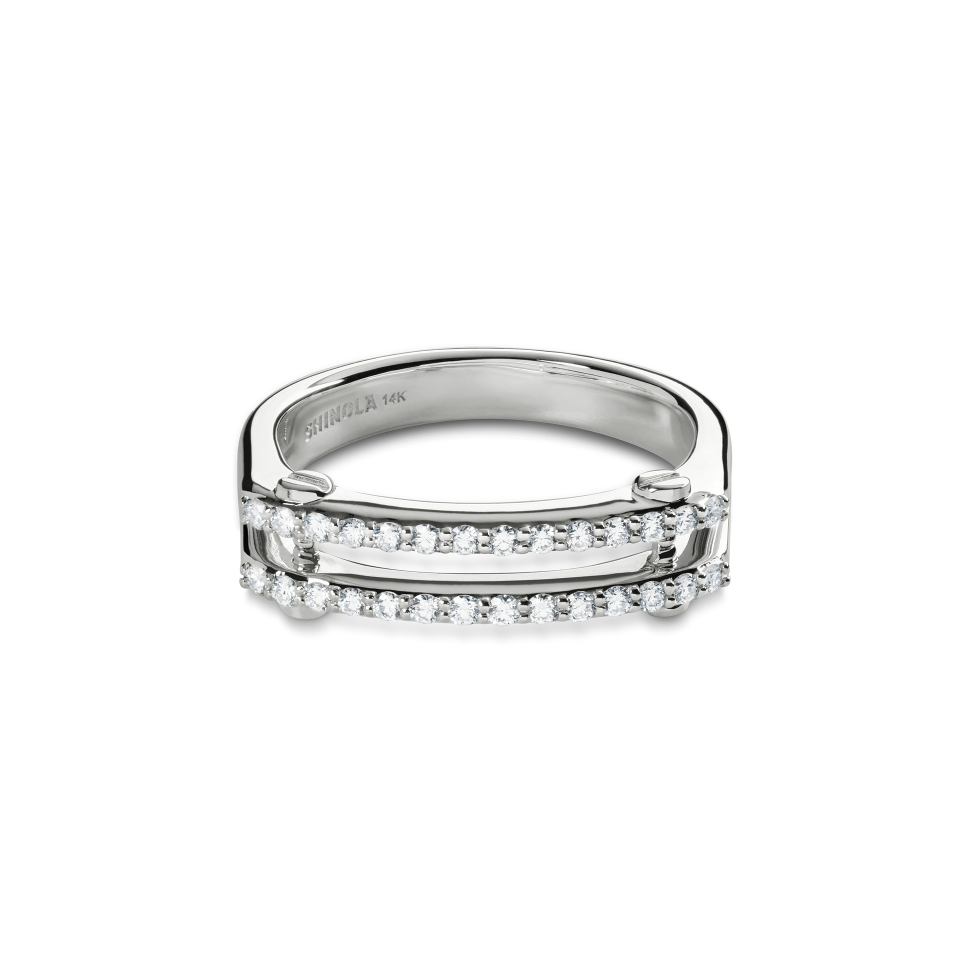 The Shinola Diamond Pave Rivet Double Row Ring in white gold showcases two parallel lines of dazzling pave-set diamonds for a modern look, with SHINOLA 14K engraved on the inner band.