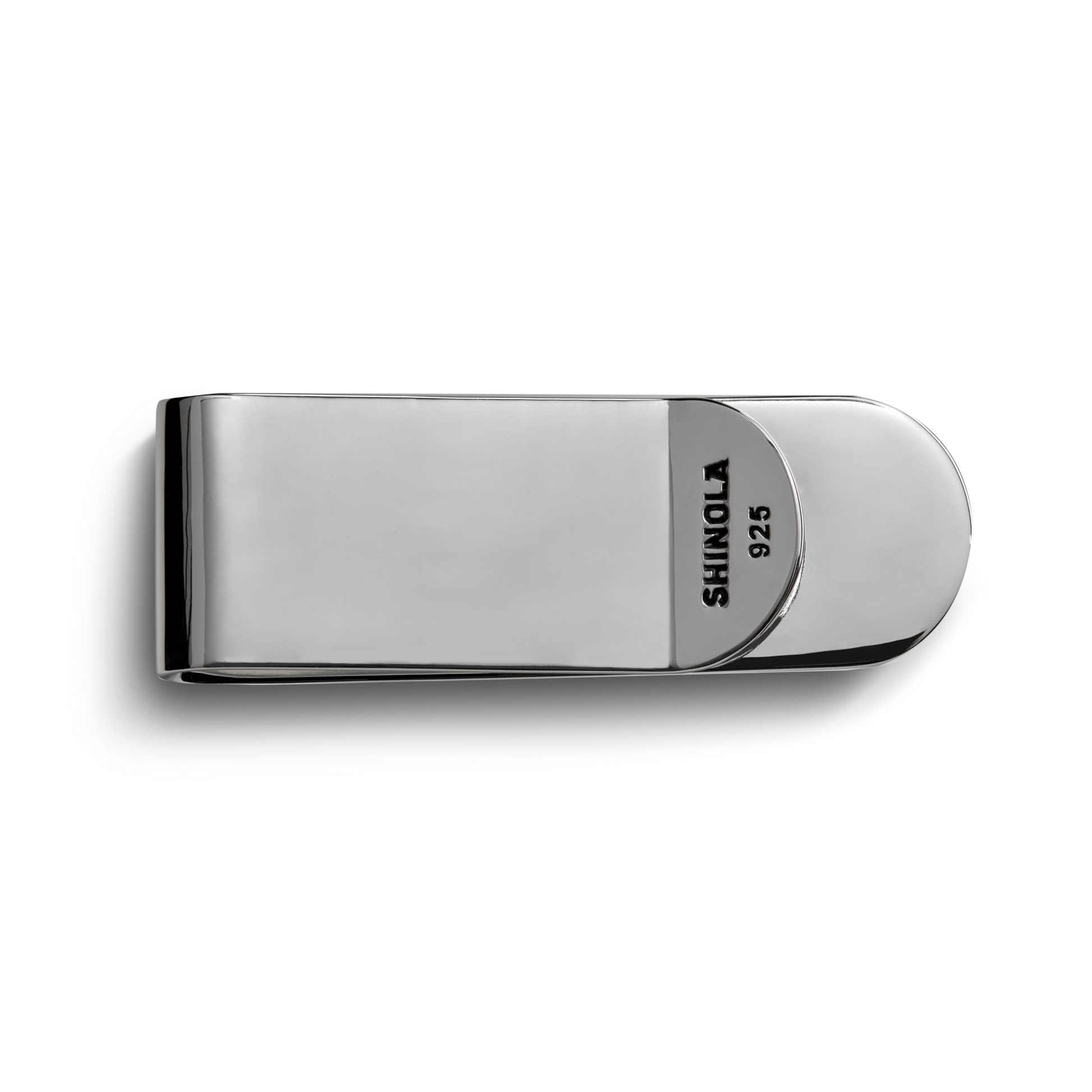 The Shinola Petoskey Money Clip in polished sterling silver features a rounded edge and “SHINOLA 925” engraving on the upper right corner, shown on a plain white background.