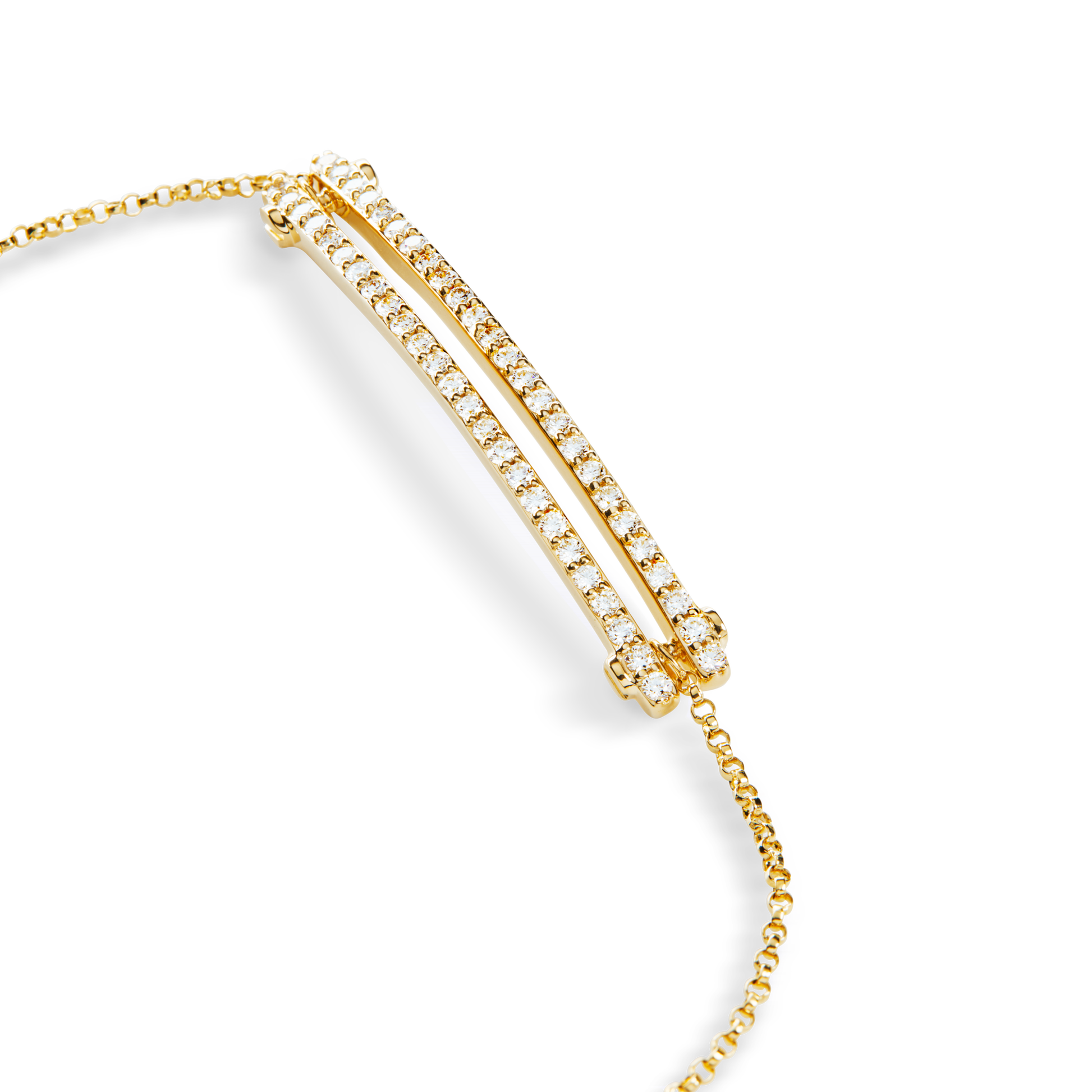 The Shinola Diamond Pave Rivet Double Row Necklace in yellow gold showcases two parallel bar charms encrusted with sparkling white stones, linked by a fine gold chain and displayed against a white background.