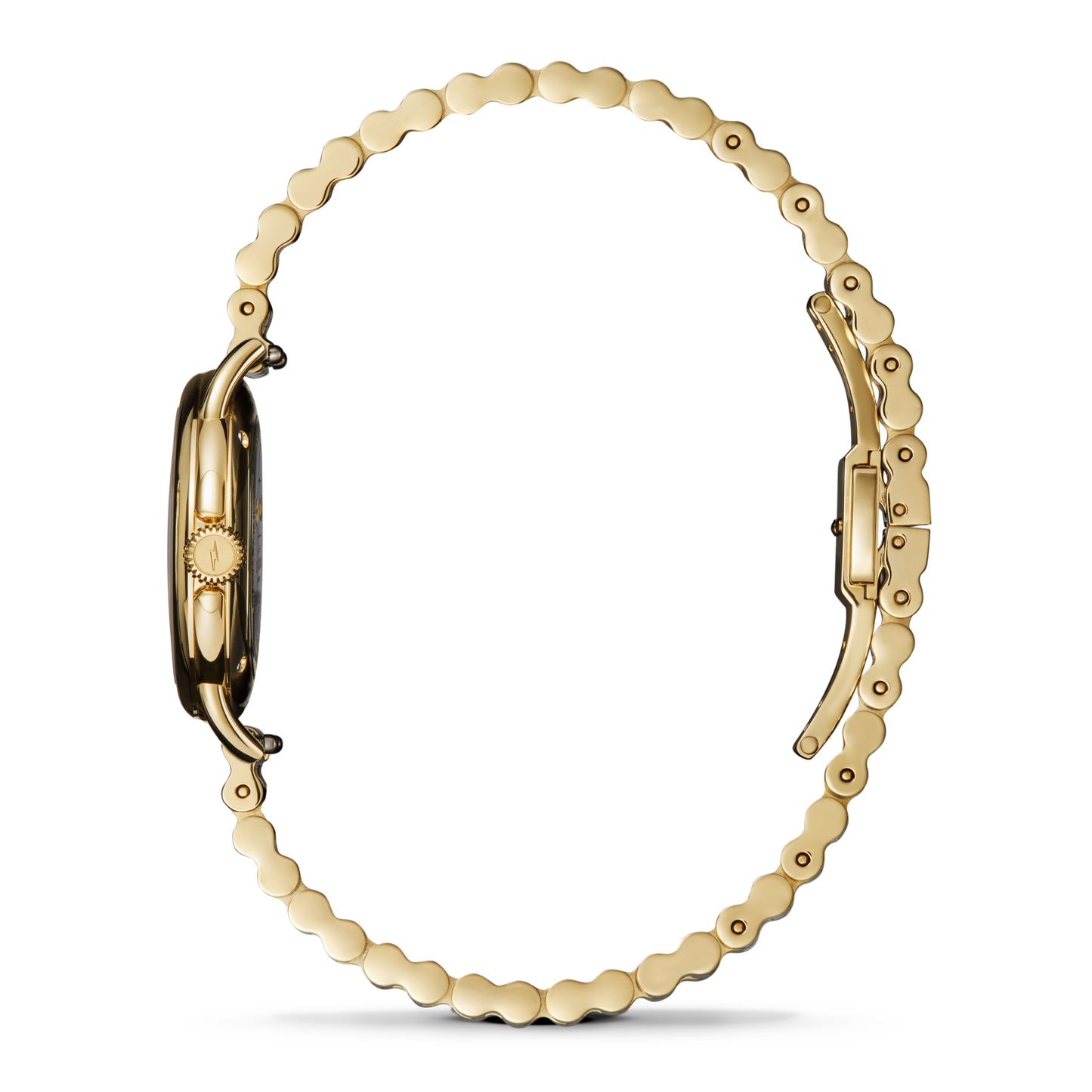 Side view of the Shinola Runabout Watch - Petoskey, featuring a gold scalloped textured bracelet and clasp, showcasing its slim profile and distinctive design—a refined tribute to Shinola's craftsmanship.
