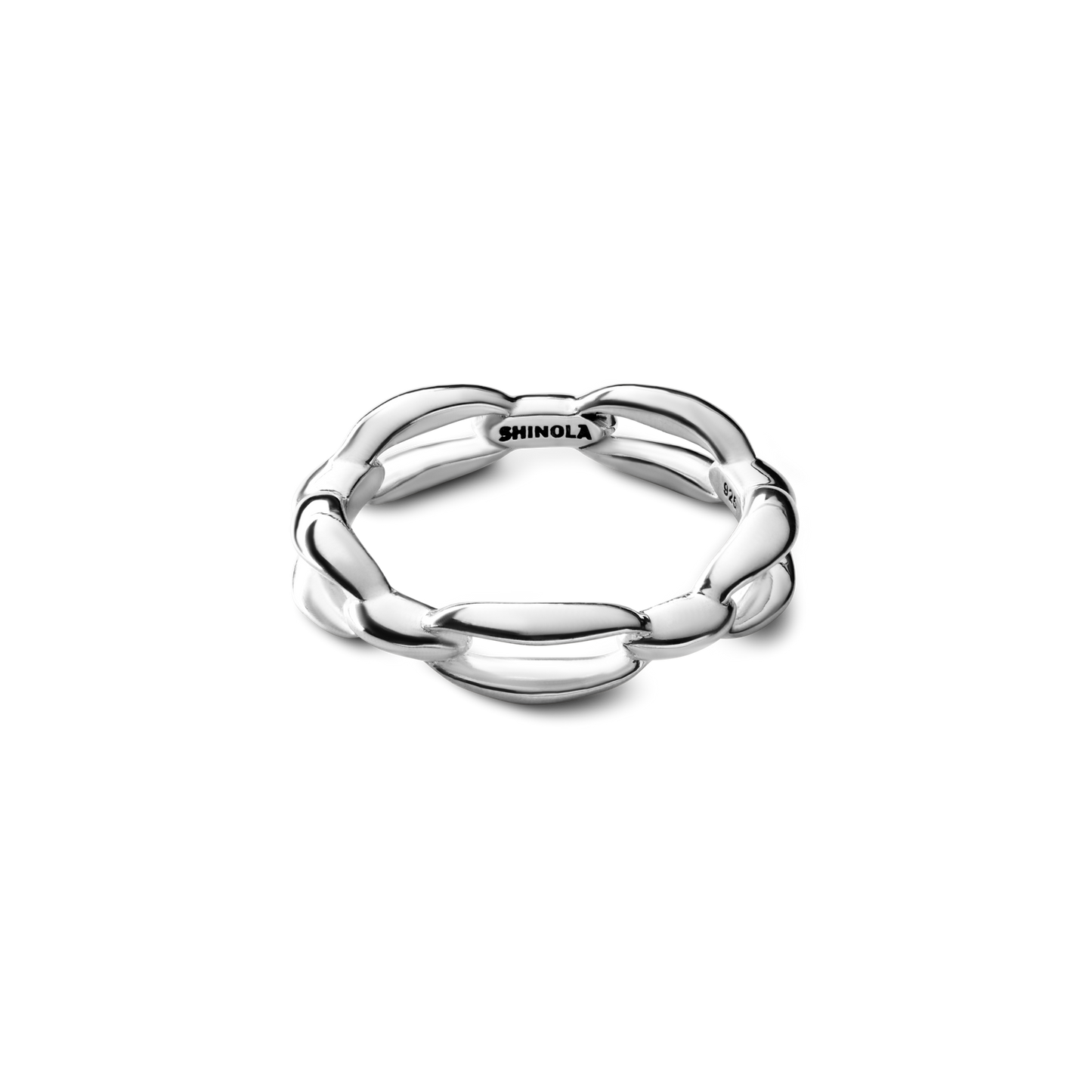 The Signature Link Ring by Shinola is a sterling silver chain-link ring with a polished finish and "Shinola" engraved inside, shown on a plain white background.