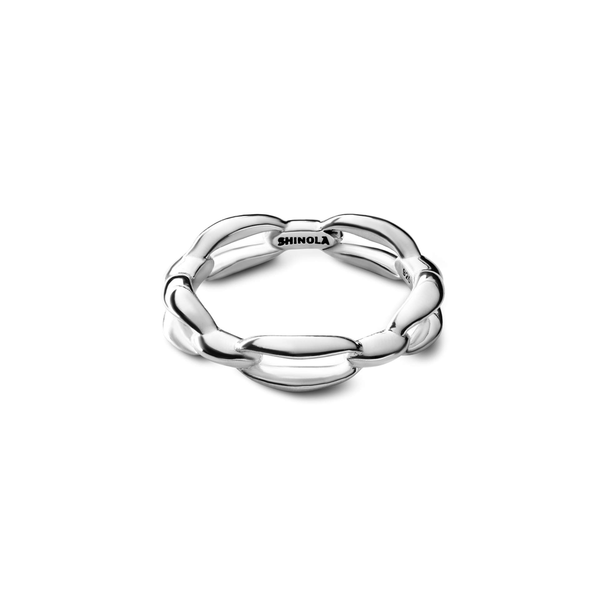 The Signature Link Ring by Shinola is a sterling silver chain-link ring with a polished finish and "Shinola" engraved inside, shown on a plain white background.