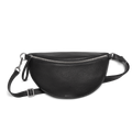 The Shinola Sling Bag - Black features textured leather in a half-moon shape, a zipper closure, adjustable leather strap, and silver hardware, displayed against a plain white background.
