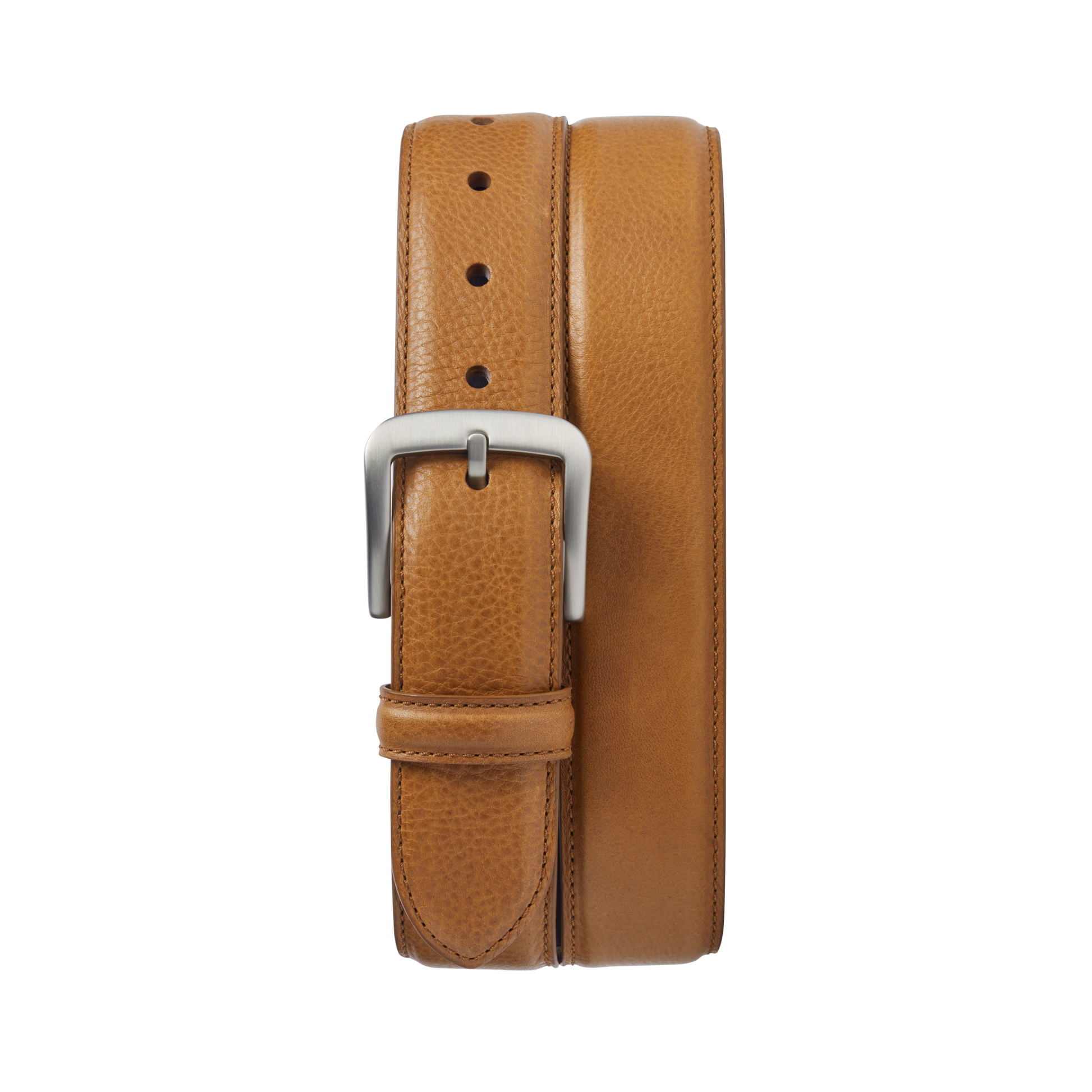 The Shinola 1 1/2" Canfield Belt - Bourbon is crafted from Italian Vachetta leather with a textured tan finish, silver buckle, and multiple adjustment holes, shown against a plain white background.