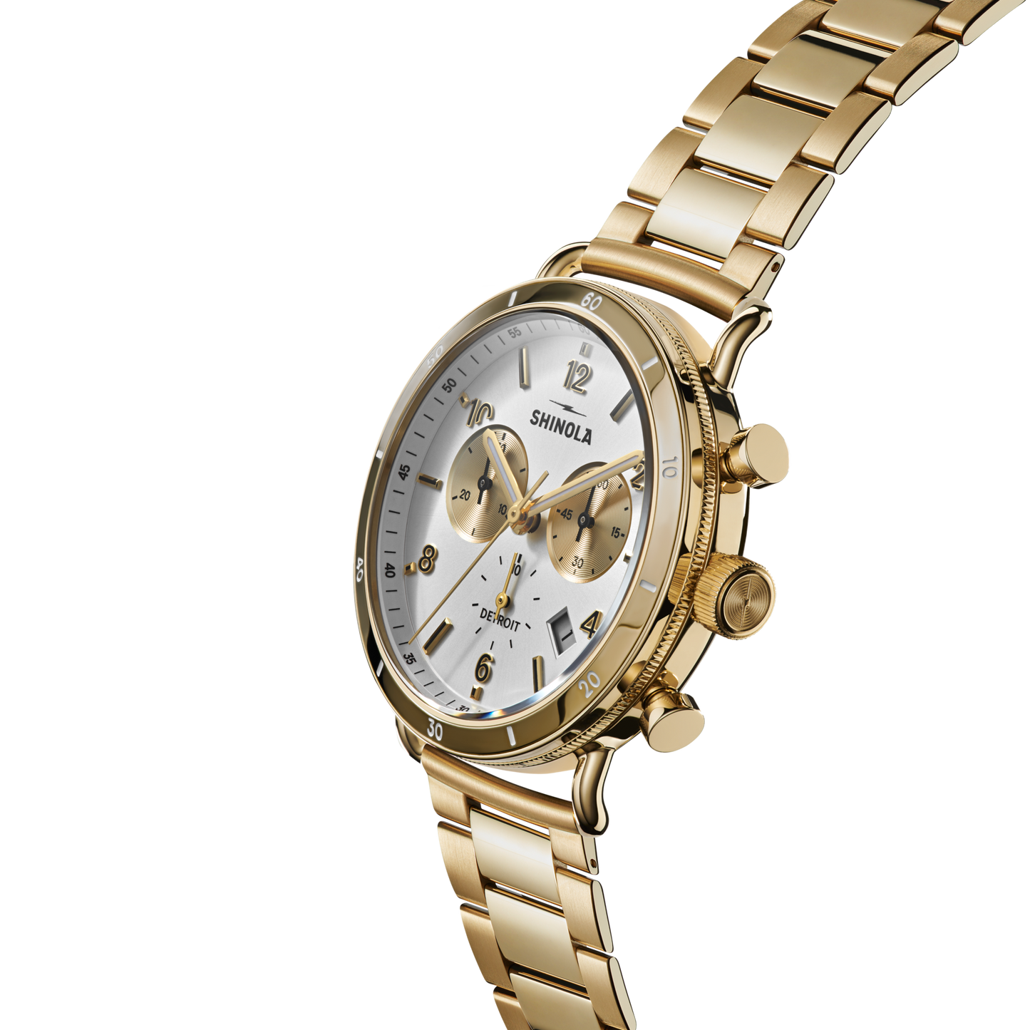 A Shinola Canfield Sport Chronograph Watch - Silver with a white dial, three subdials, silver hour markers, and a metal link band, photographed on a white background.