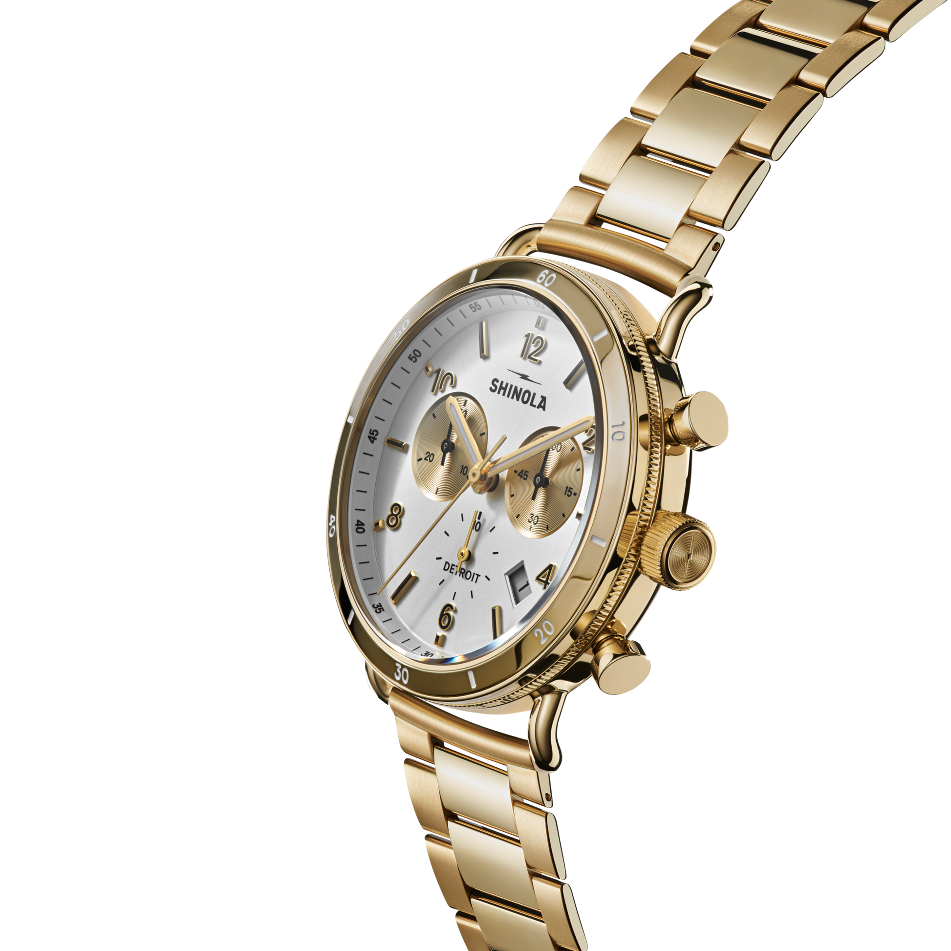 A Shinola Canfield Sport Chronograph Watch - Silver with a white dial, three subdials, silver hour markers, and a metal link band, photographed on a white background.