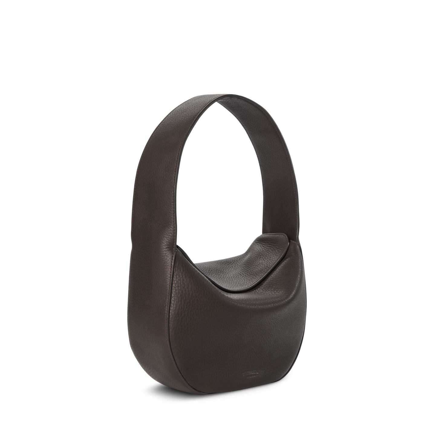 The Shinola Small Shoulder Bag - Espresso is a dark brown, crescent-shaped bag made from natural grain leather with premium craftsmanship, featuring a wide strap and standing upright on a plain white background.