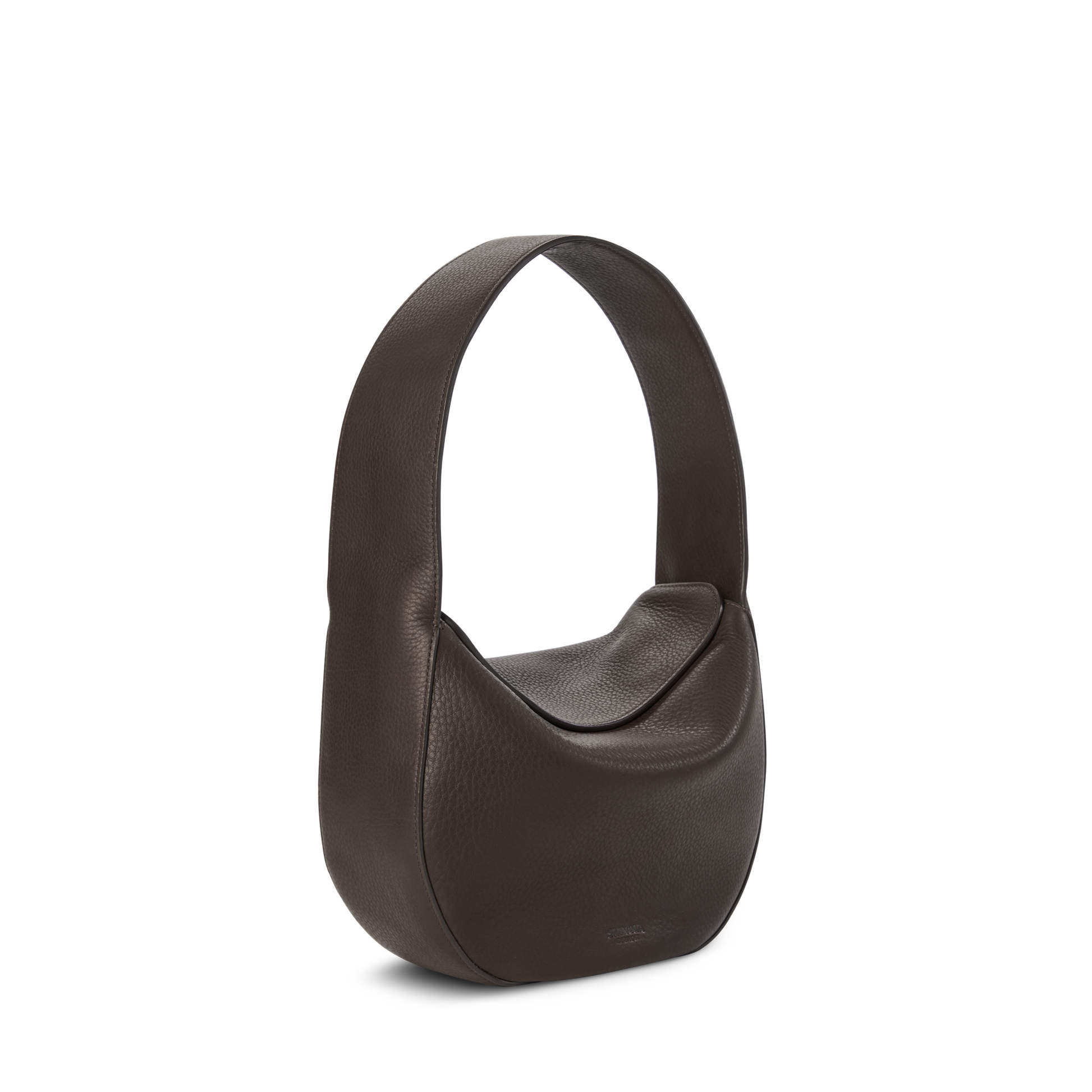 The Shinola Small Shoulder Bag - Espresso is a dark brown, crescent-shaped bag made from natural grain leather with premium craftsmanship, featuring a wide strap and standing upright on a plain white background.