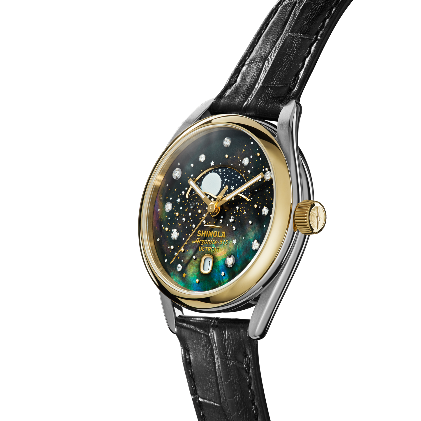 The Shinola Celestial Derby Watch - Black Mother of Pearl Diamond features a black leather strap, gold and silver case, diamond-accented dial with moon phase and date, beautifully photographed on a white background.