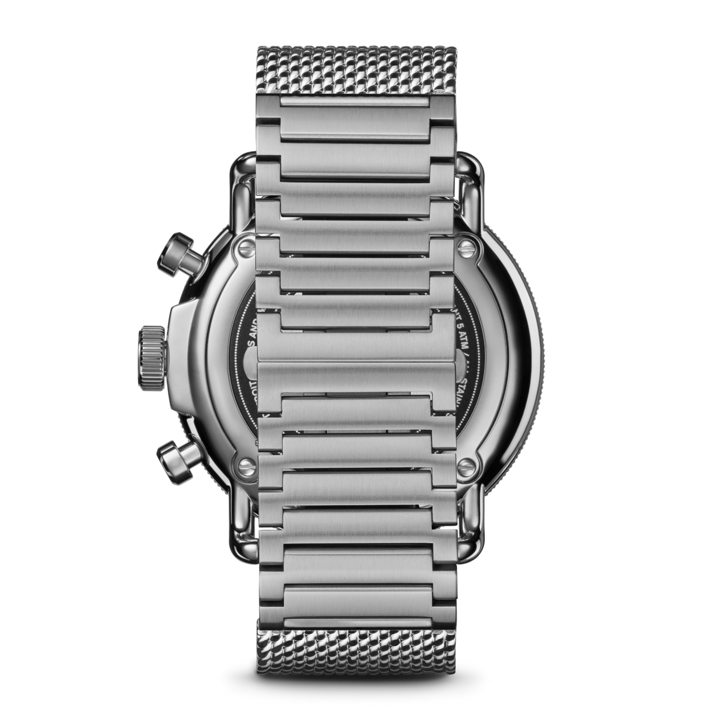 Close-up of the Shinola Canfield C56 Chronograph Watch - Whiskey, featuring a stainless steel mesh bracelet and prominent chronograph buttons, set against a plain white background.