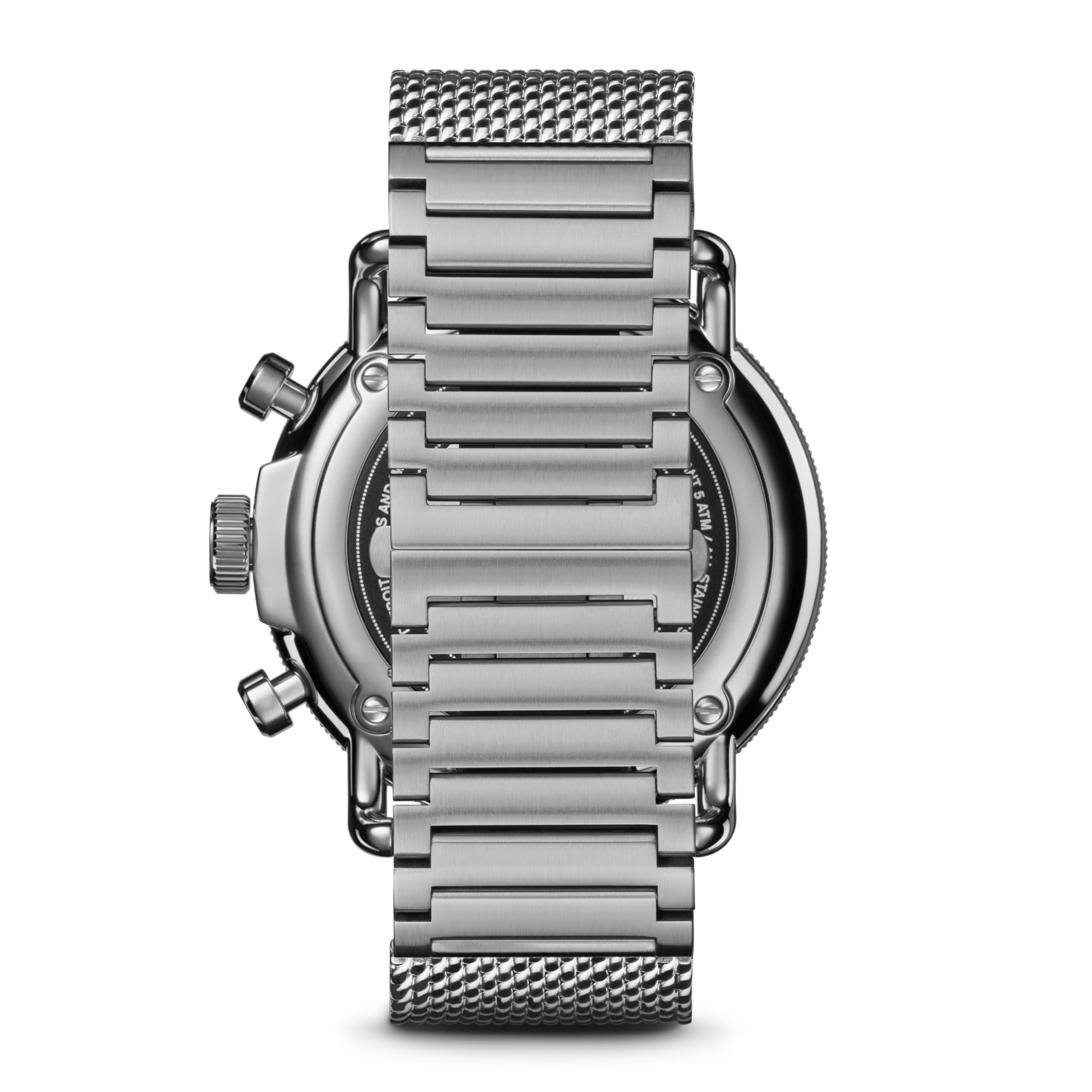 Close-up of the Shinola Canfield C56 Chronograph Watch - Whiskey, featuring a stainless steel mesh bracelet and prominent chronograph buttons, set against a plain white background.