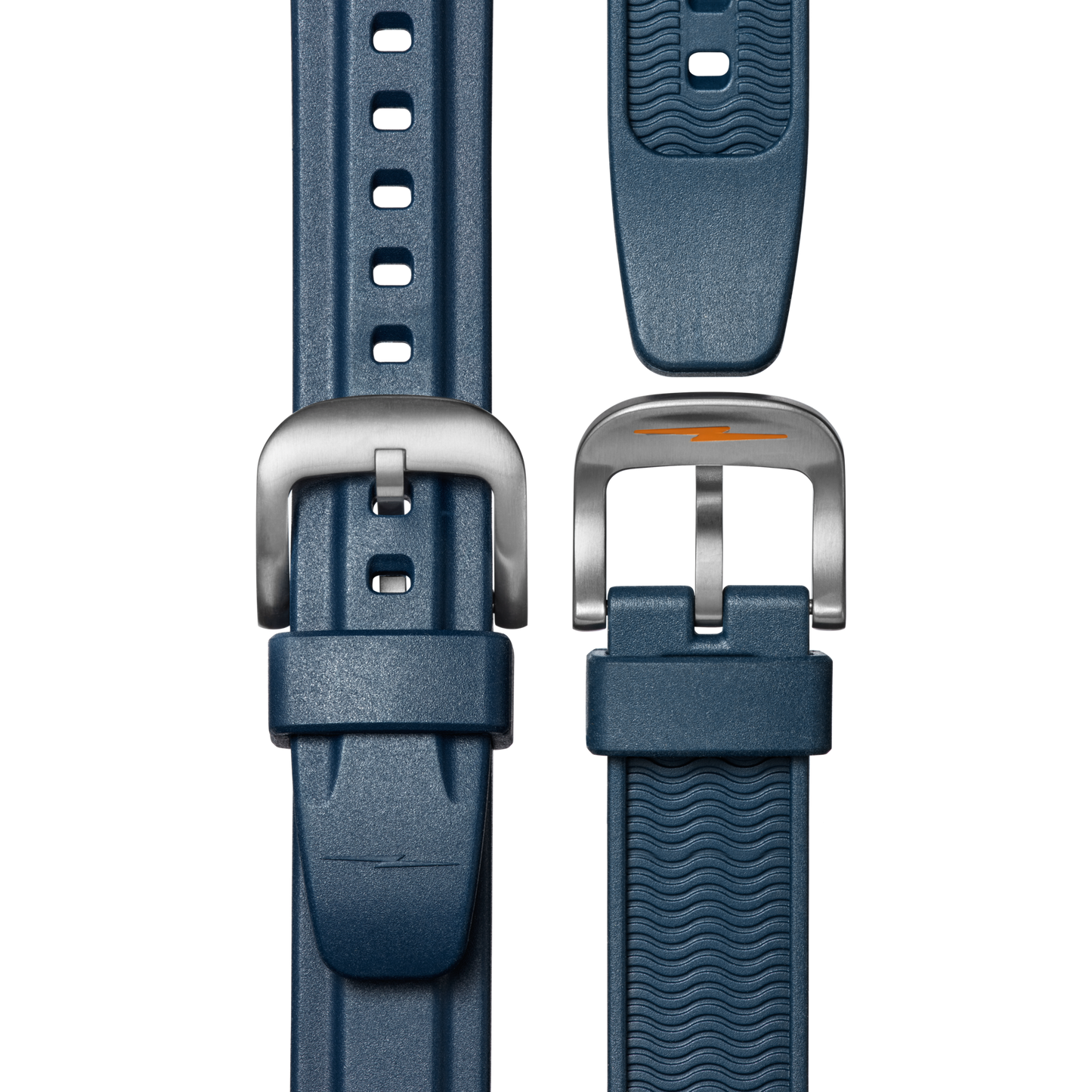 The Shinola Runwell Chronograph West Wind Watch Gift Set features a blue textured silicone strap with a stainless steel buckle, multiple adjustment holes, and an orange accent—ideal for your 42mm chronograph or titanium watch with a luminous dial.