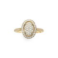 The Shinola Diamond Pave Oval Ring - Yellow Gold features a center oval cluster of natural diamonds, double halo, and diamond-accented band.