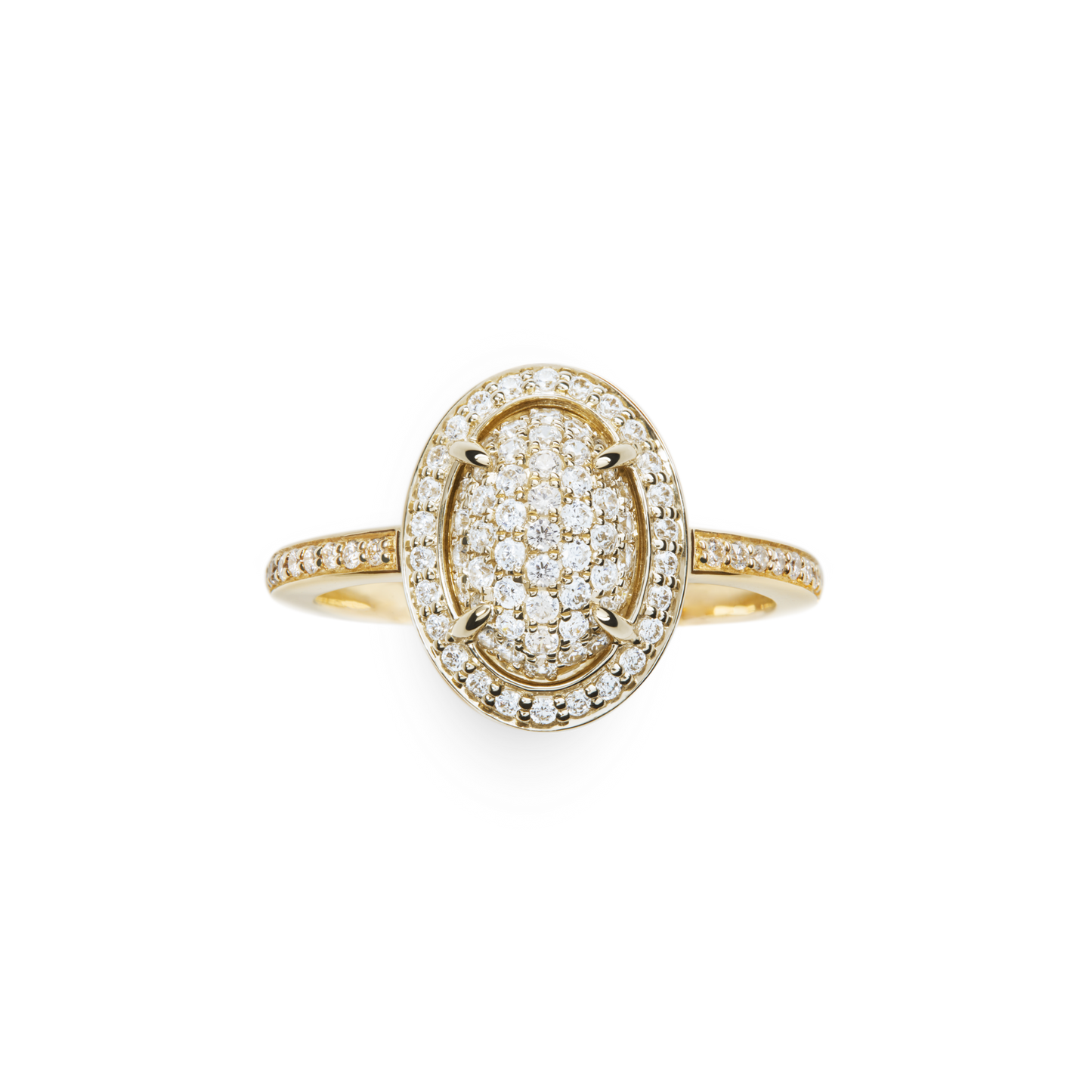 The Shinola Diamond Pave Oval Ring - Yellow Gold features a center oval cluster of natural diamonds, double halo, and diamond-accented band.