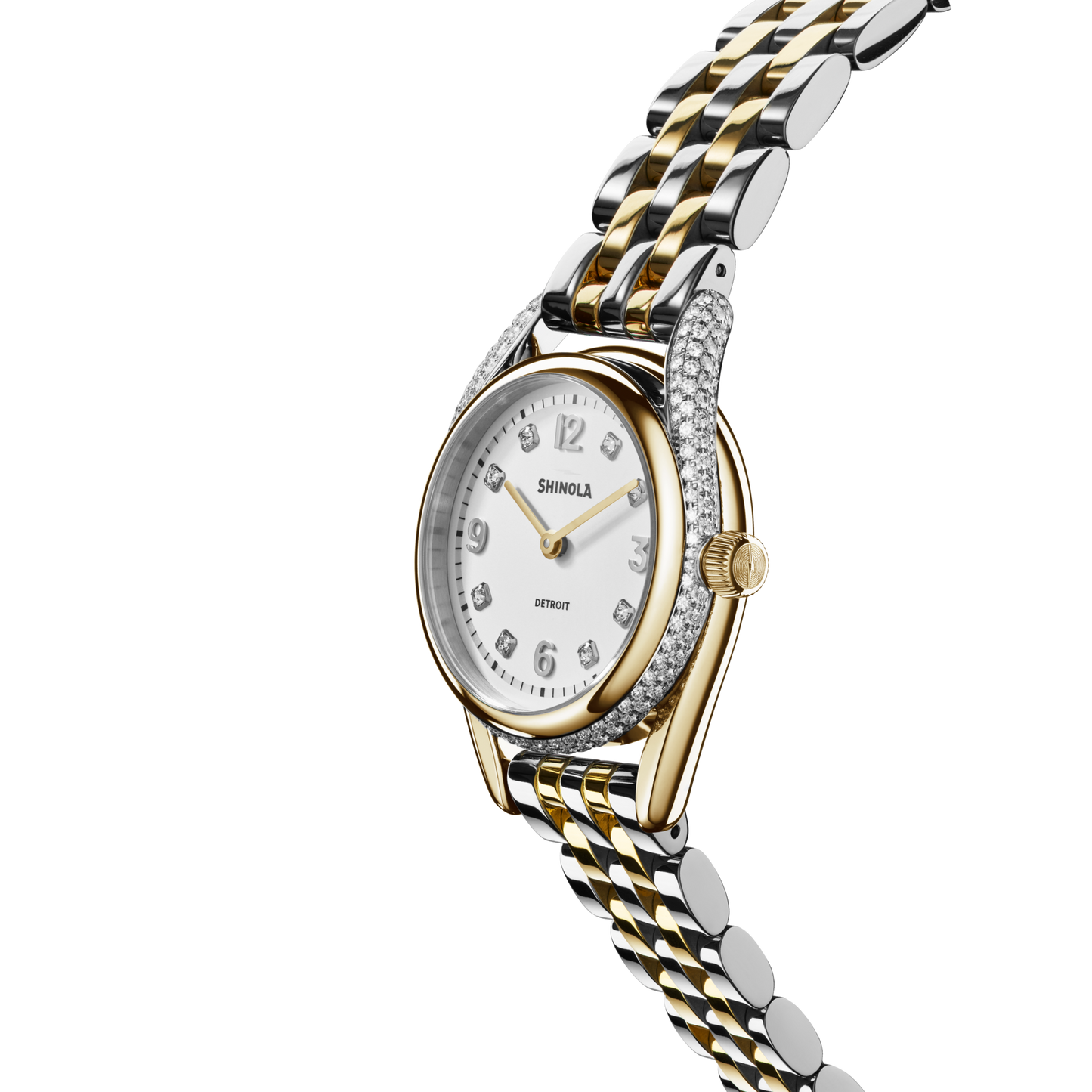 The Shinola Diamond Derby Watch features a silver and gold metal bracelet, diamond index dial on a white face, and diamond-accented lugs, shown against a plain white background.