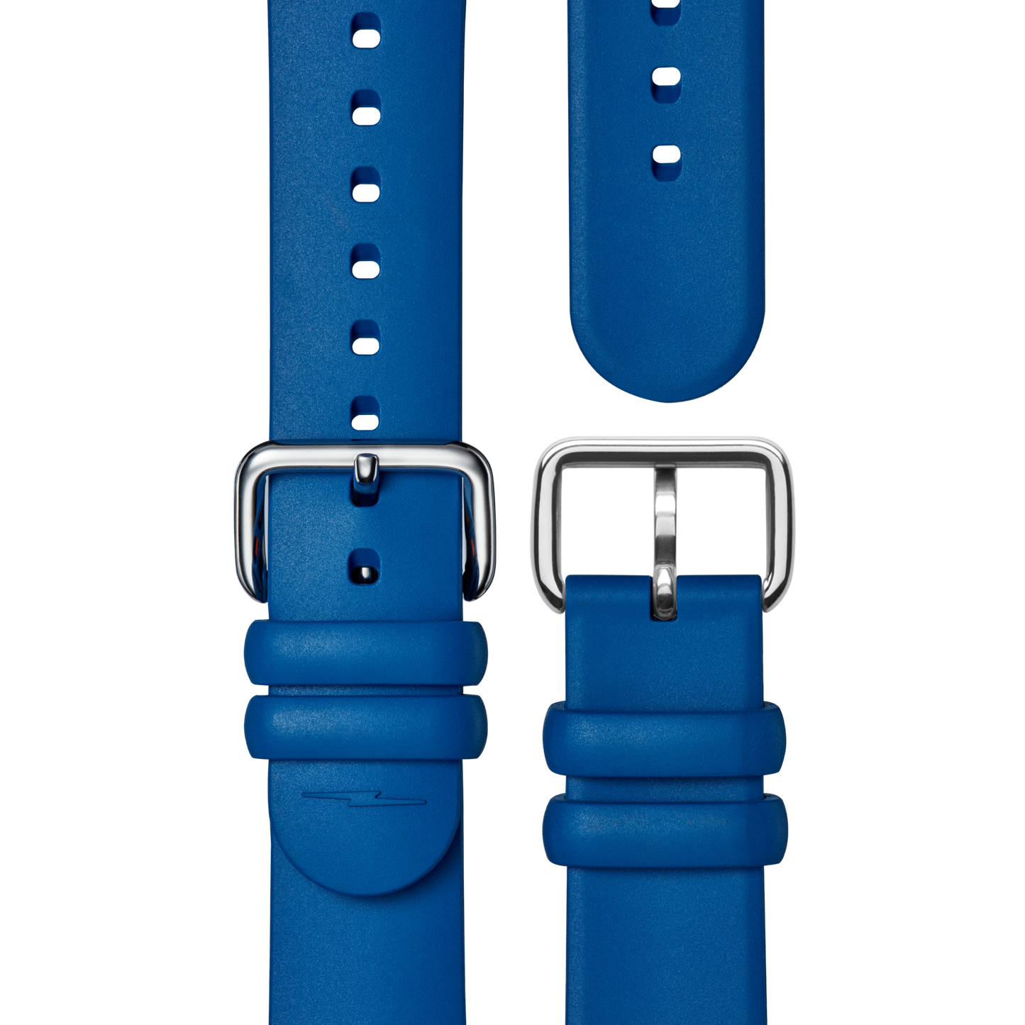 Two blue silicone straps designed for the Shinola Detrola Watch - Denim Blue are displayed on a white background. Each strap has silver buckles, multiple adjustment holes, rounded ends, and keeper loops—ideal for your American-made timepiece.