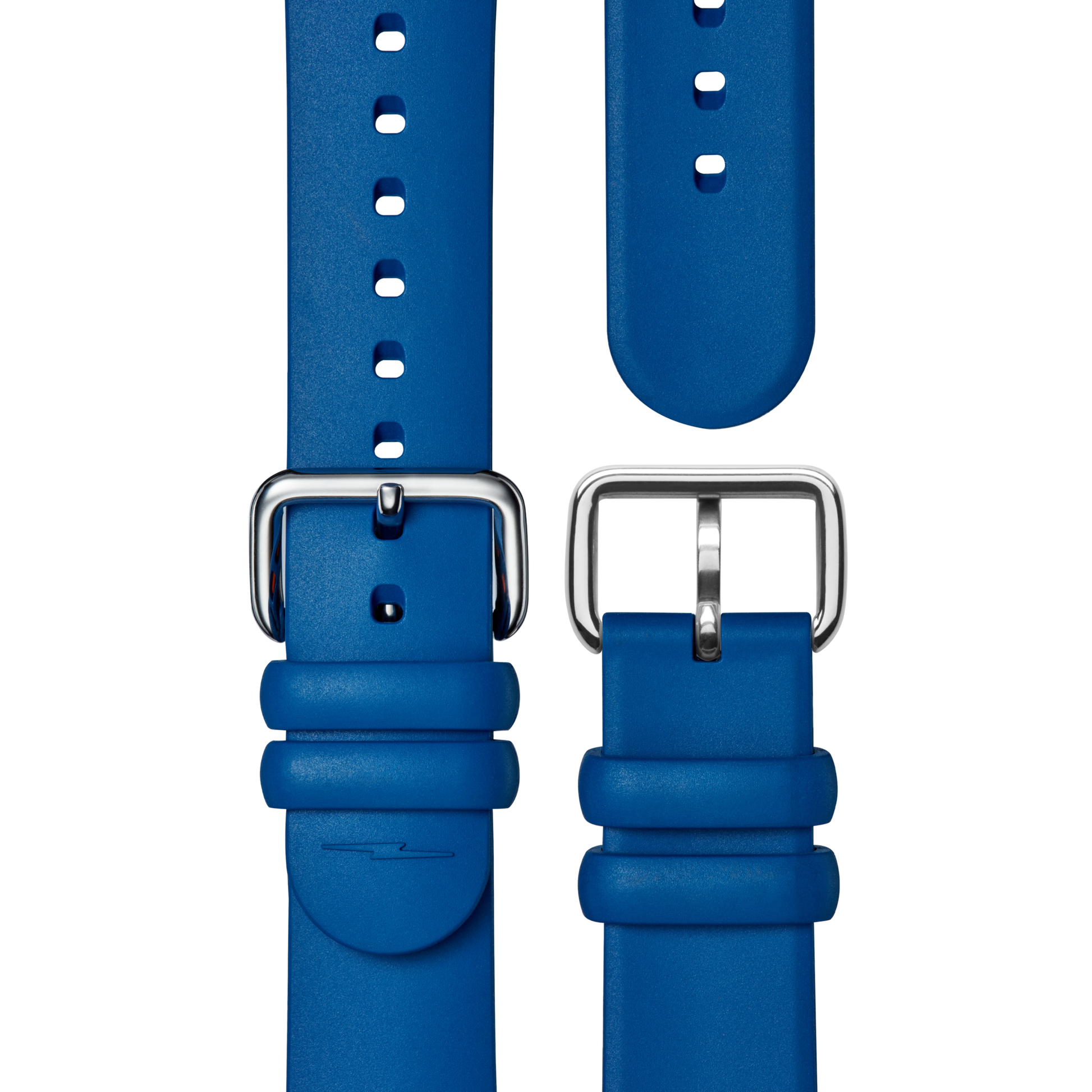 Two blue silicone straps designed for the Shinola Detrola Watch - Denim Blue are displayed on a white background. Each strap has silver buckles, multiple adjustment holes, rounded ends, and keeper loops—ideal for your American-made timepiece.