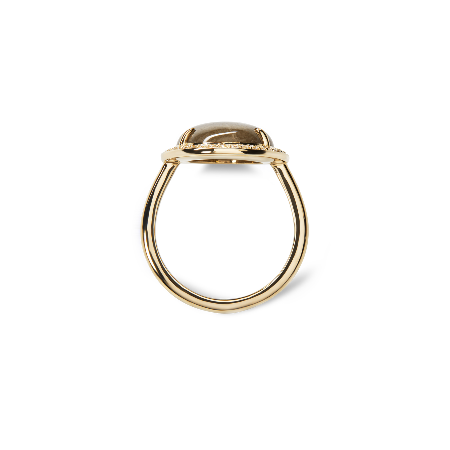 The Shinola Diamond Pave Oval Petoskey Ring in yellow gold features a smooth, grayish-brown Petoskey stone set in a simple bezel, displayed upright on a white background.