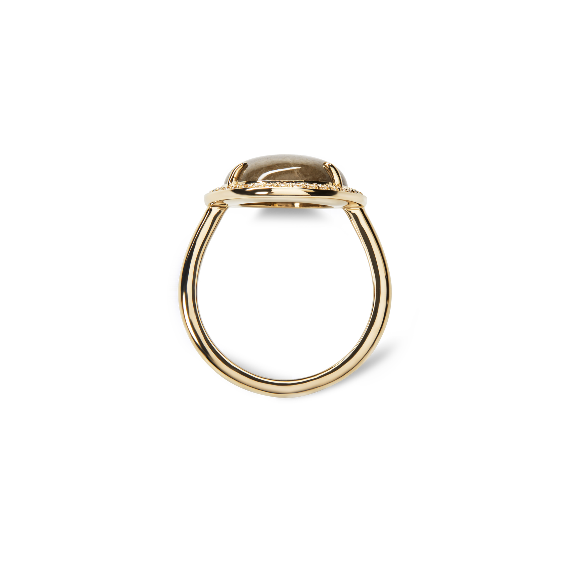 The Shinola Diamond Pave Oval Petoskey Ring in yellow gold features a smooth, grayish-brown Petoskey stone set in a simple bezel, displayed upright on a white background.