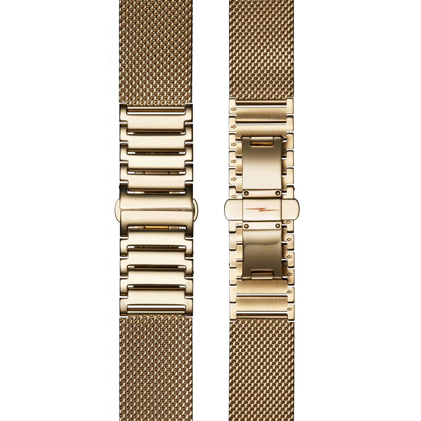 Two Shinola 18mm Gold Mesh Bracelet - PVD Gold bands are shown side by side, highlighting their fine woven texture and metal clasps—one clasp is open while the other is closed.