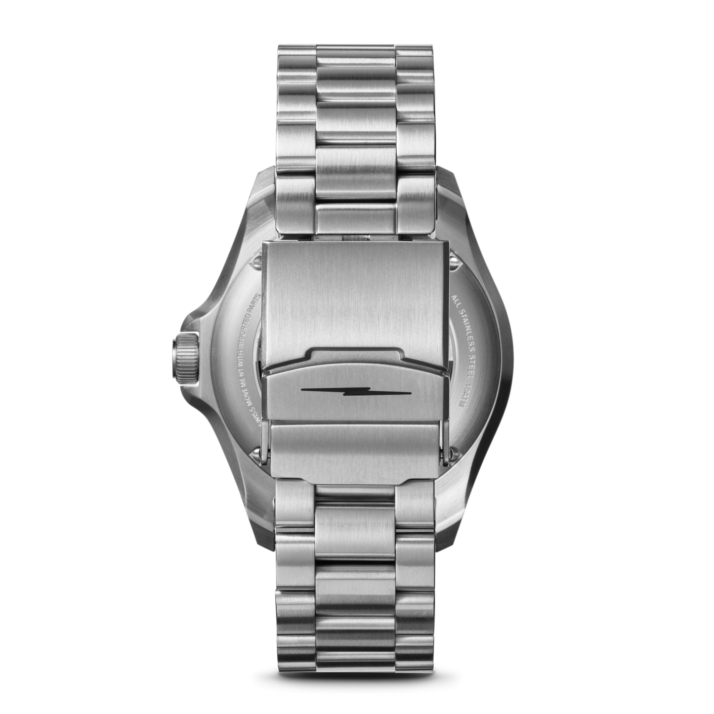 A close-up of the Shinola Monster GMT Automatic Watch - Whiskey shows its stainless steel bracelet, clasp, automatic movement, crown, and engraved case back details.
