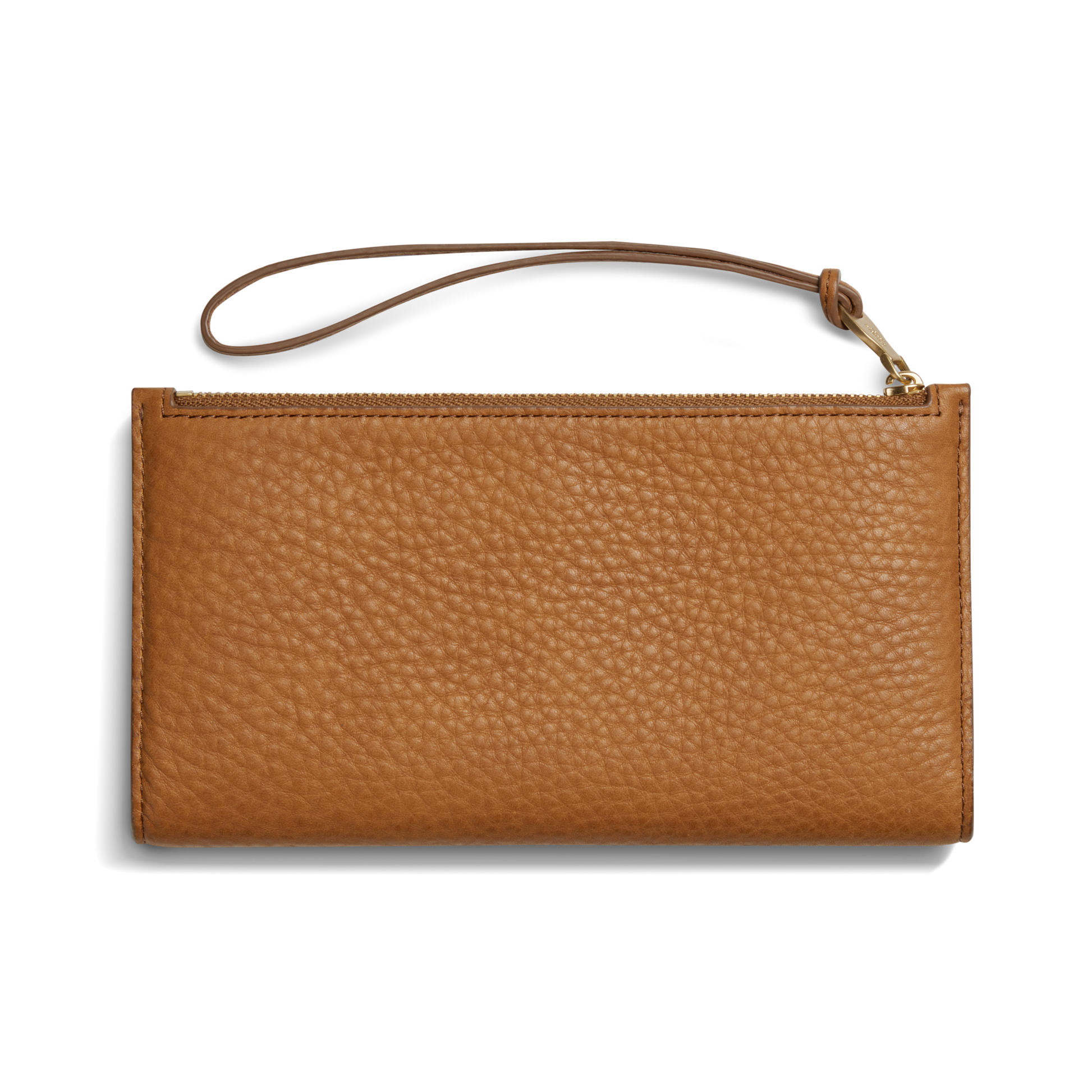The Shinola Wristlet Wallet - Tan is crafted from natural grain leather and features card pockets, a zipper closure, and a slim wrist strap, displayed against a white background.
