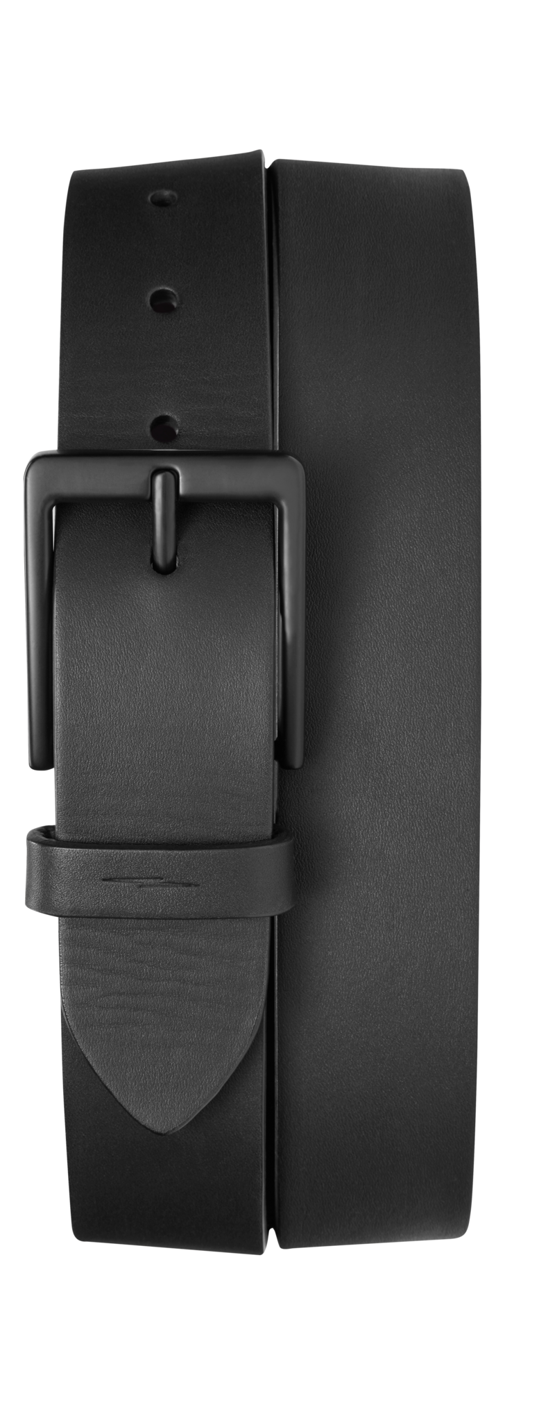 The Shinola 1 1/2" Lightning Bolt Keeper Belt in black nappa leather features a matte black rectangular metal buckle, shown rolled up on a white background—ideal for a sleek, casual look.