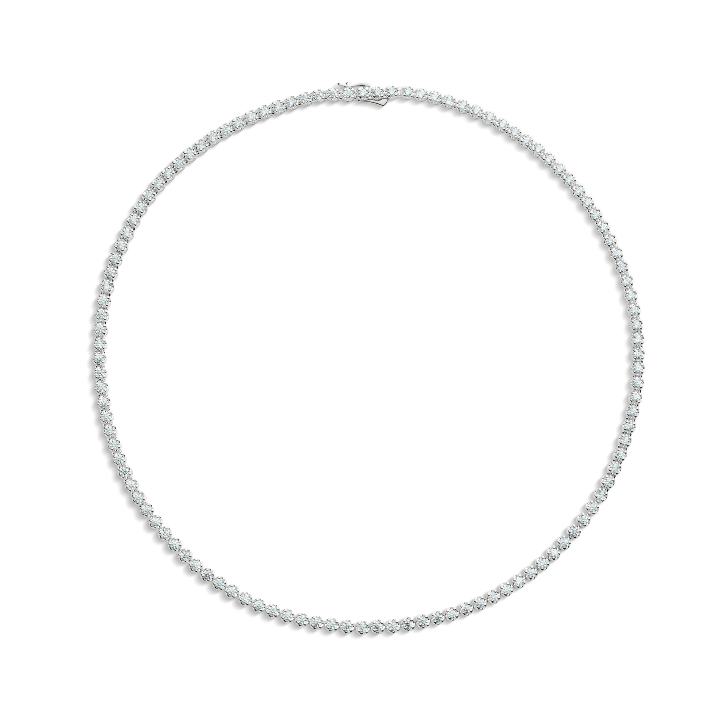 The Shinola 7 Carat Diamond Tennis Necklace in white gold showcases evenly spaced round diamonds on a thin chain, set against a plain white background.